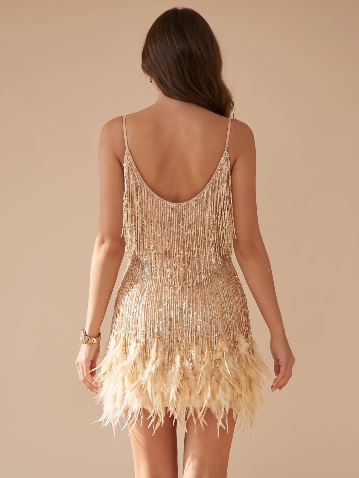 V-Neck Sequin Mini Dress with Fringe Detail and Feather Hem