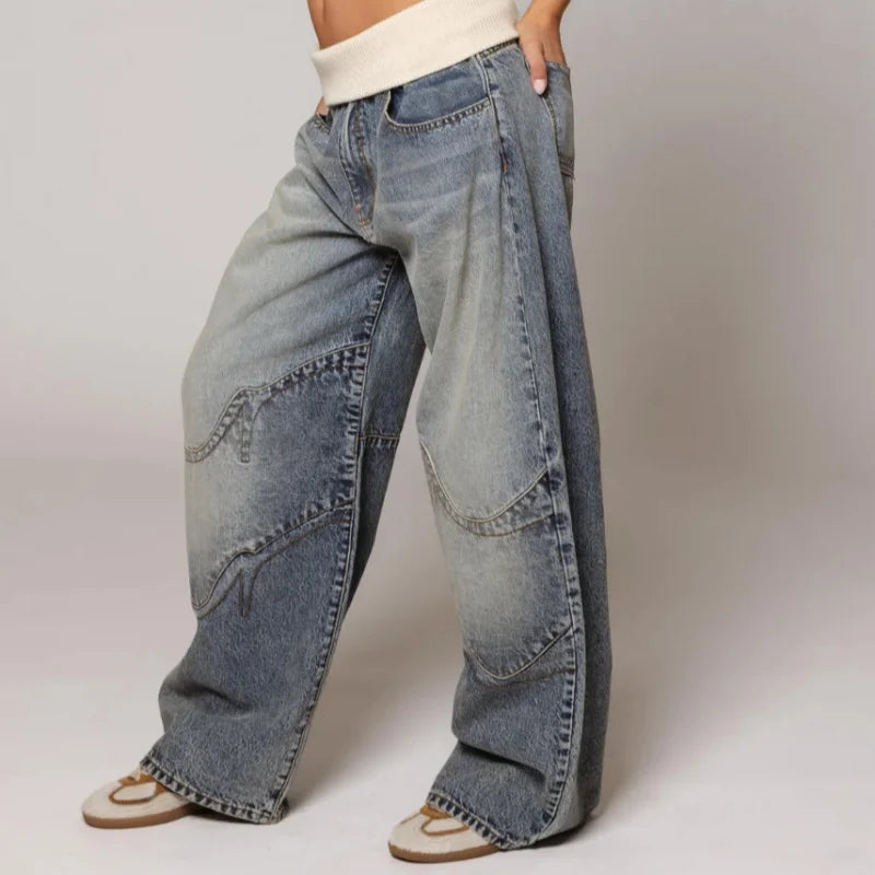 Women’s Baggy Wide Leg Denim Trousers with Ribbed Waistband