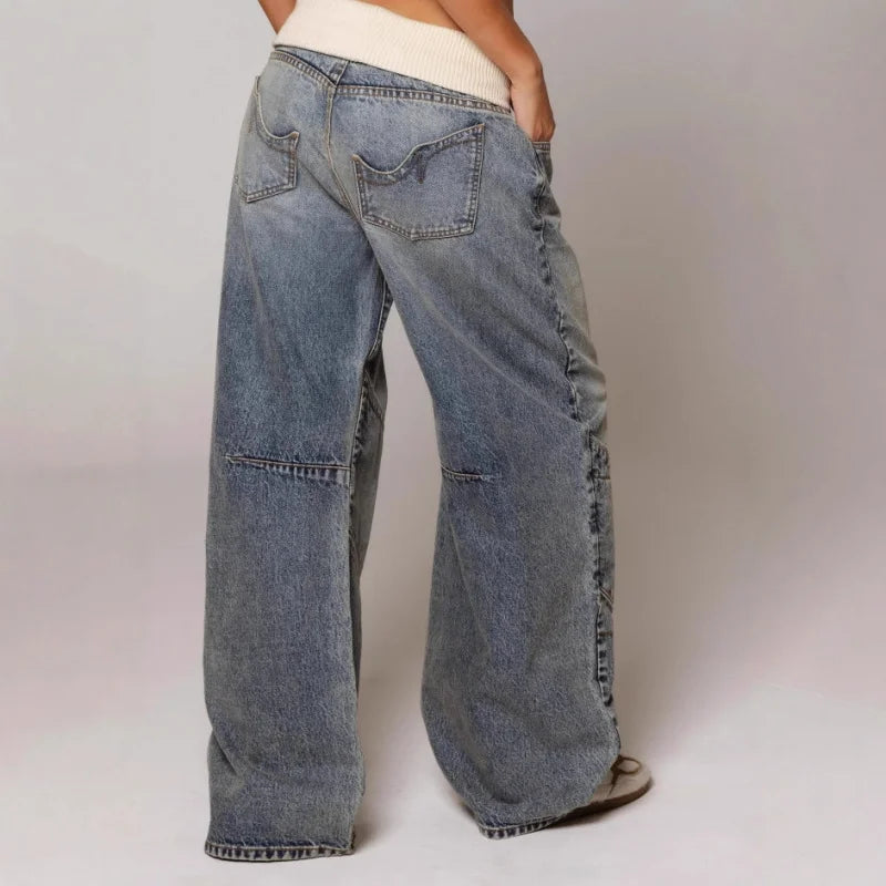 Women’s Baggy Wide Leg Denim Trousers with Ribbed Waistband