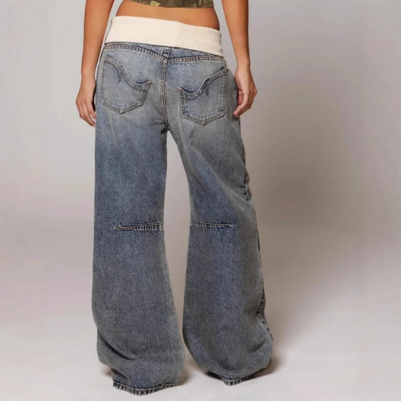 Women’s Baggy Wide Leg Denim Trousers with Ribbed Waistband