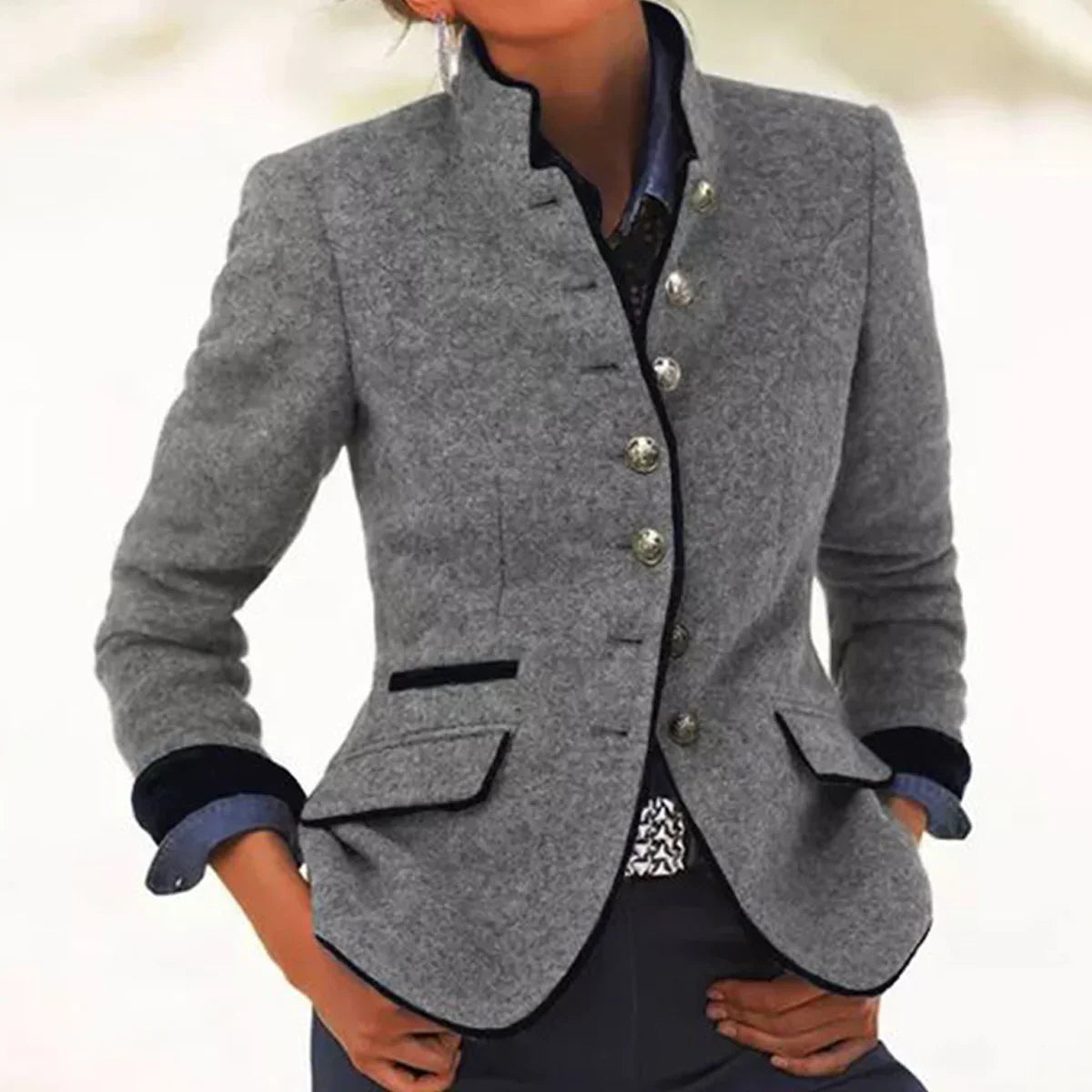 Women’s Button Up Winter Jacket with High Collar and Pocket Detail