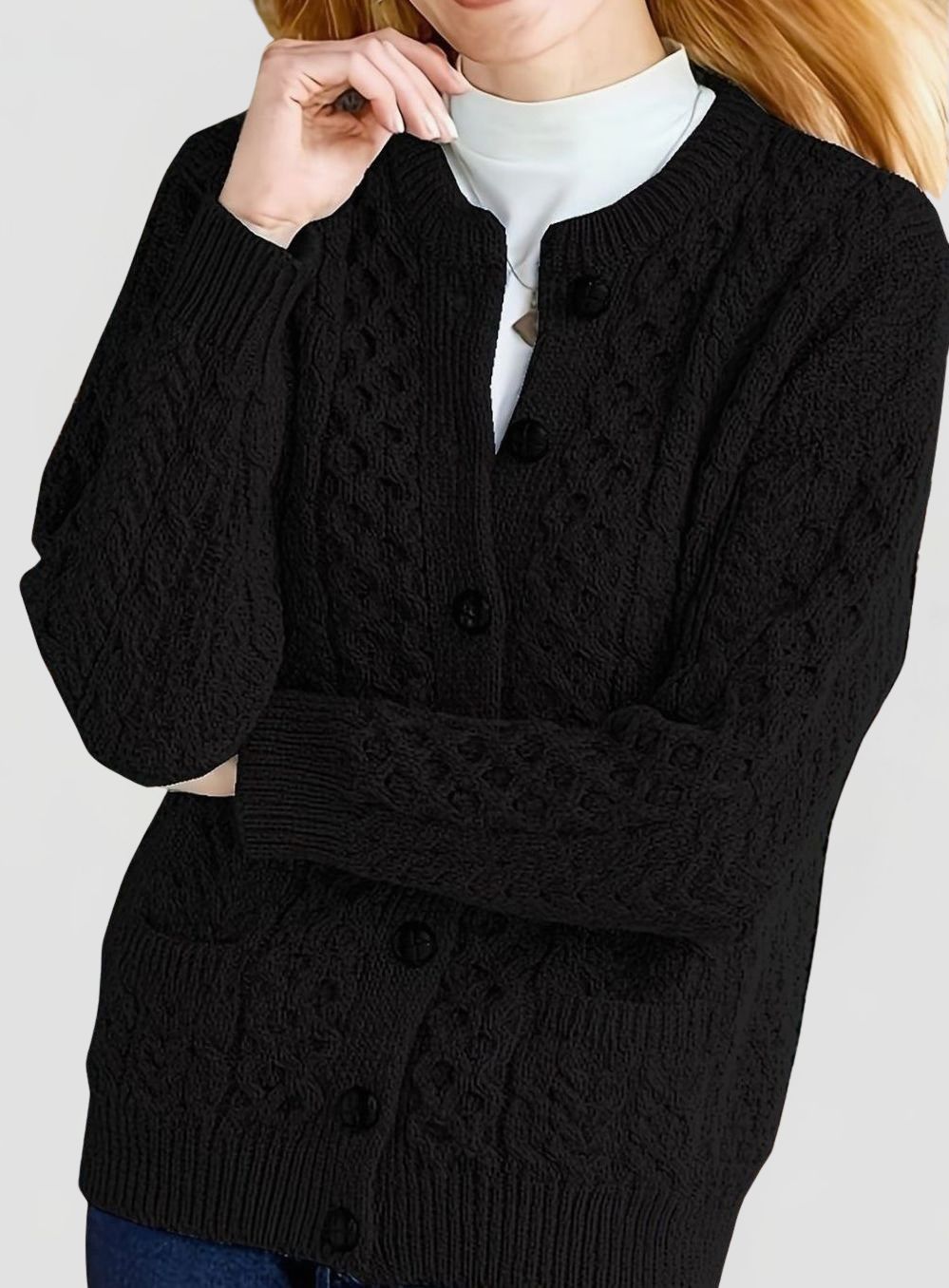 Women's Cable Knit Cardigan with Button Closure and Round Neckline