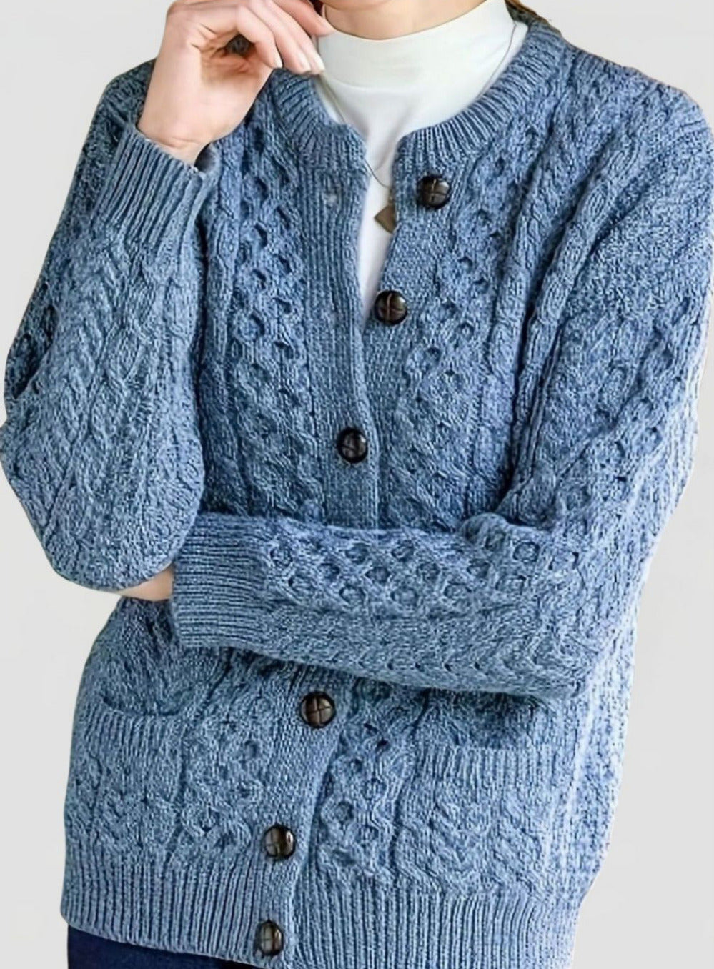 Women's Cable Knit Cardigan with Button Closure and Round Neckline