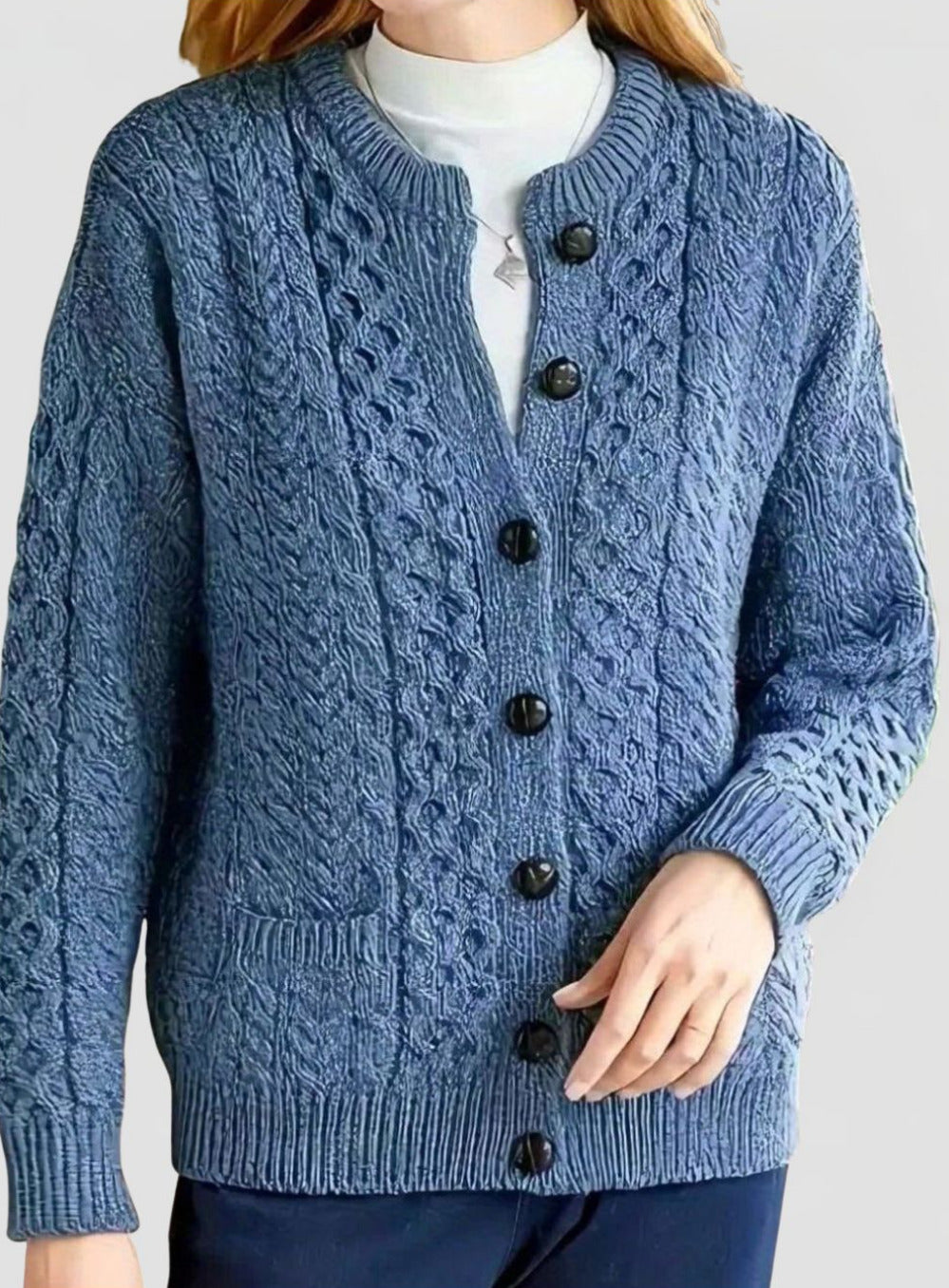 Women's Cable Knit Cardigan with Button Closure and Round Neckline
