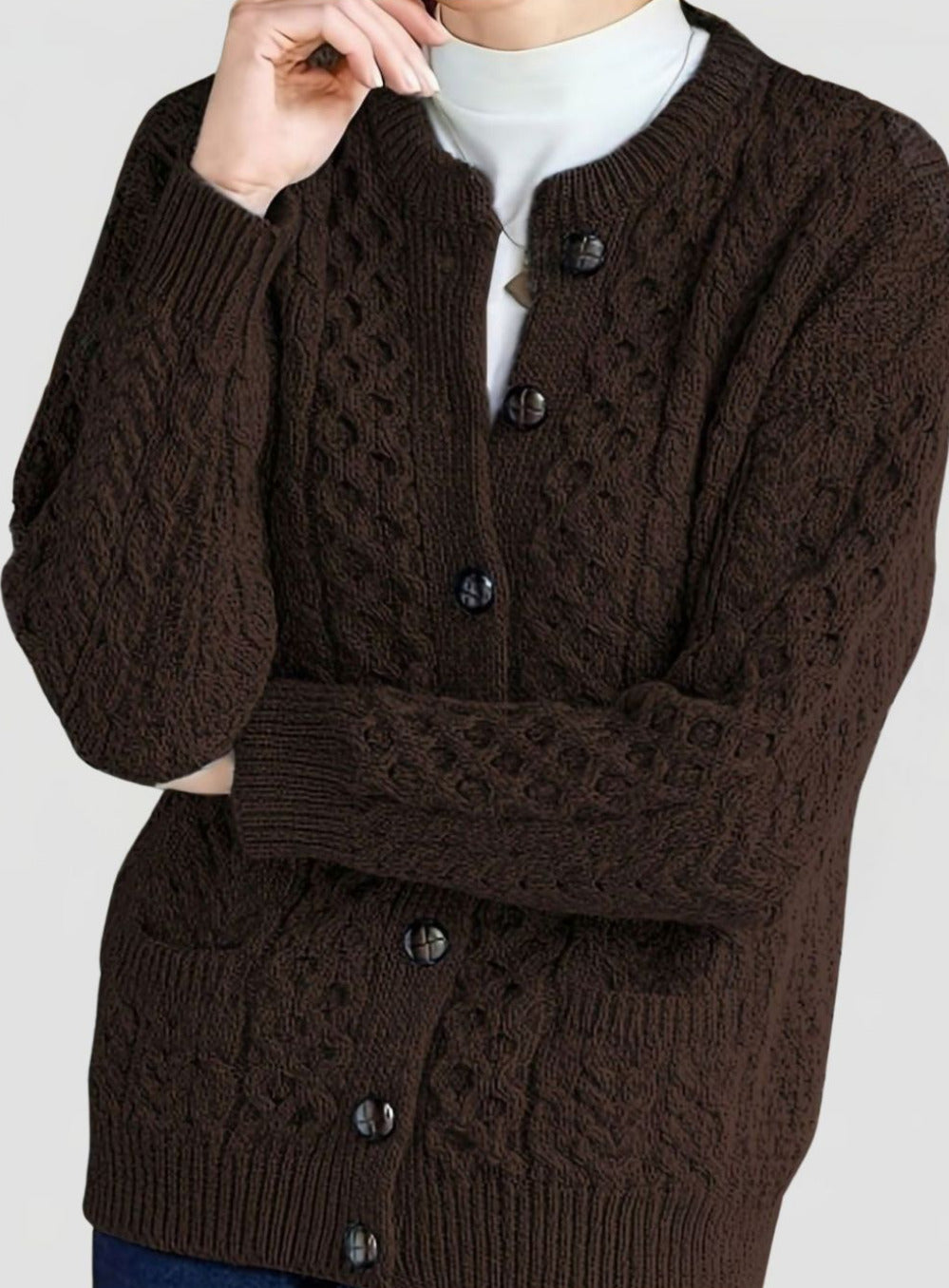 Women's Cable Knit Cardigan with Button Closure and Round Neckline