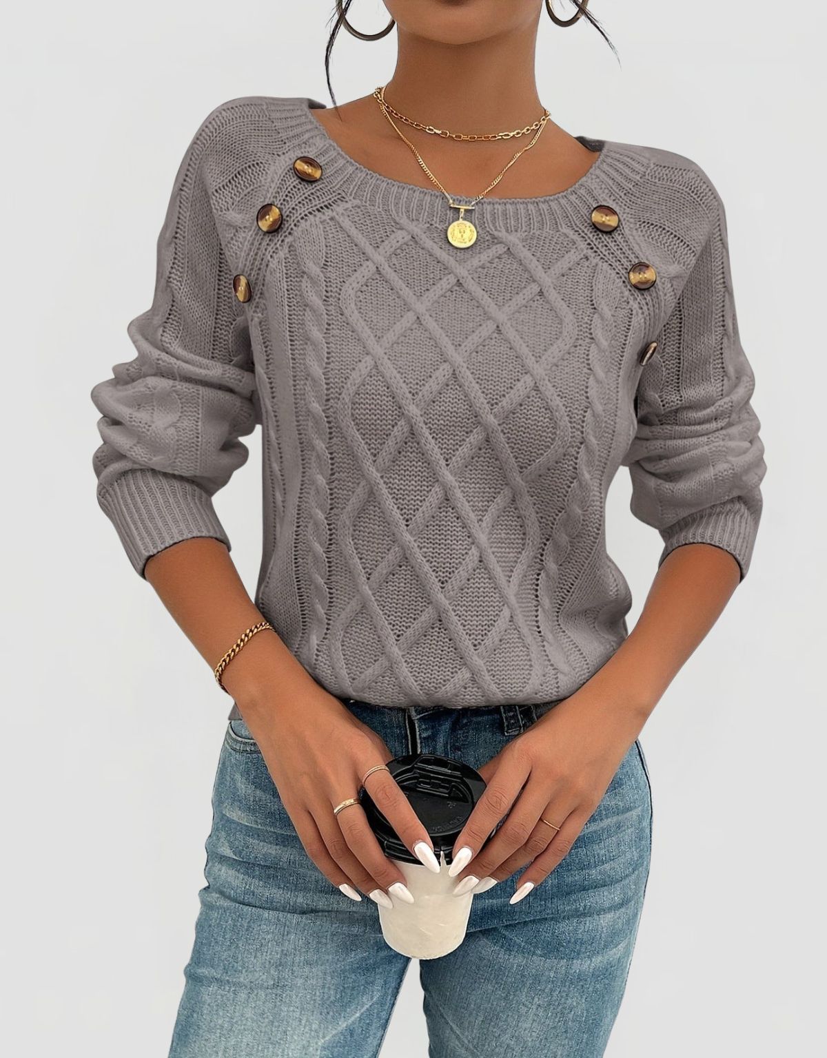 Women's Cable Knit Jumper with Shoulder Button Detail