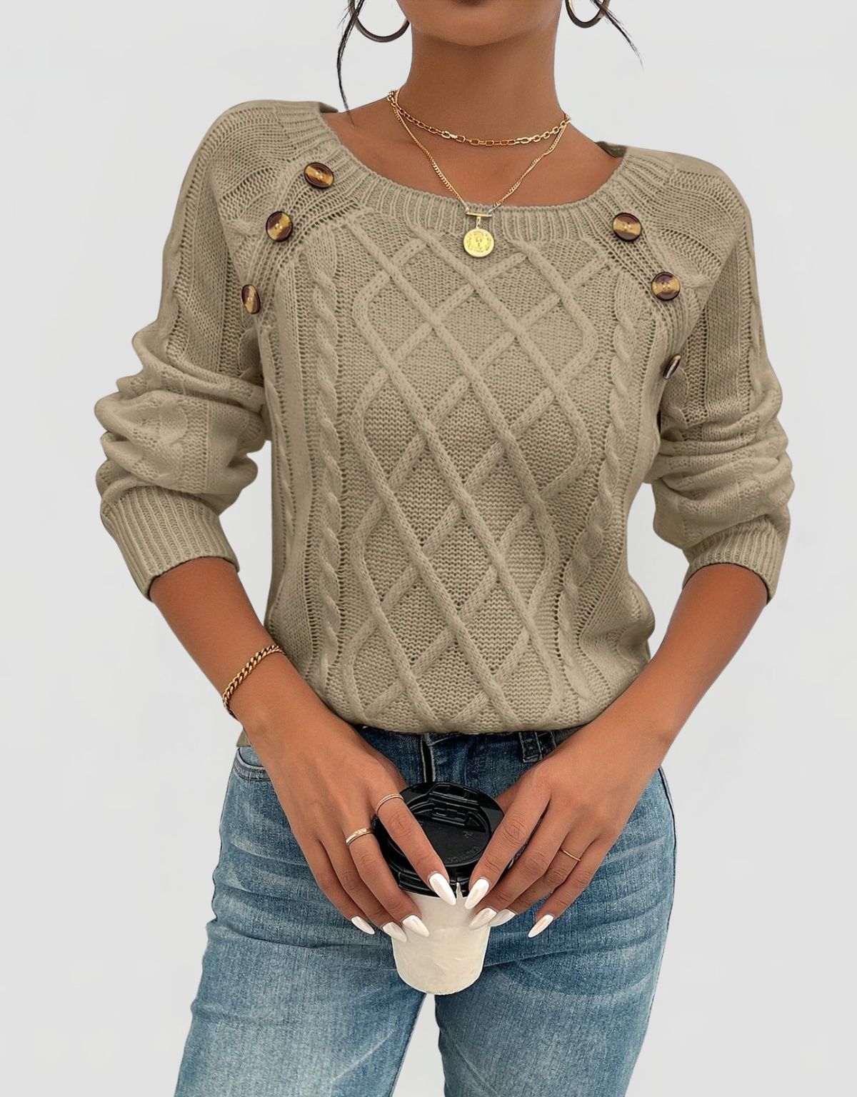 Women's Cable Knit Jumper with Shoulder Button Detail