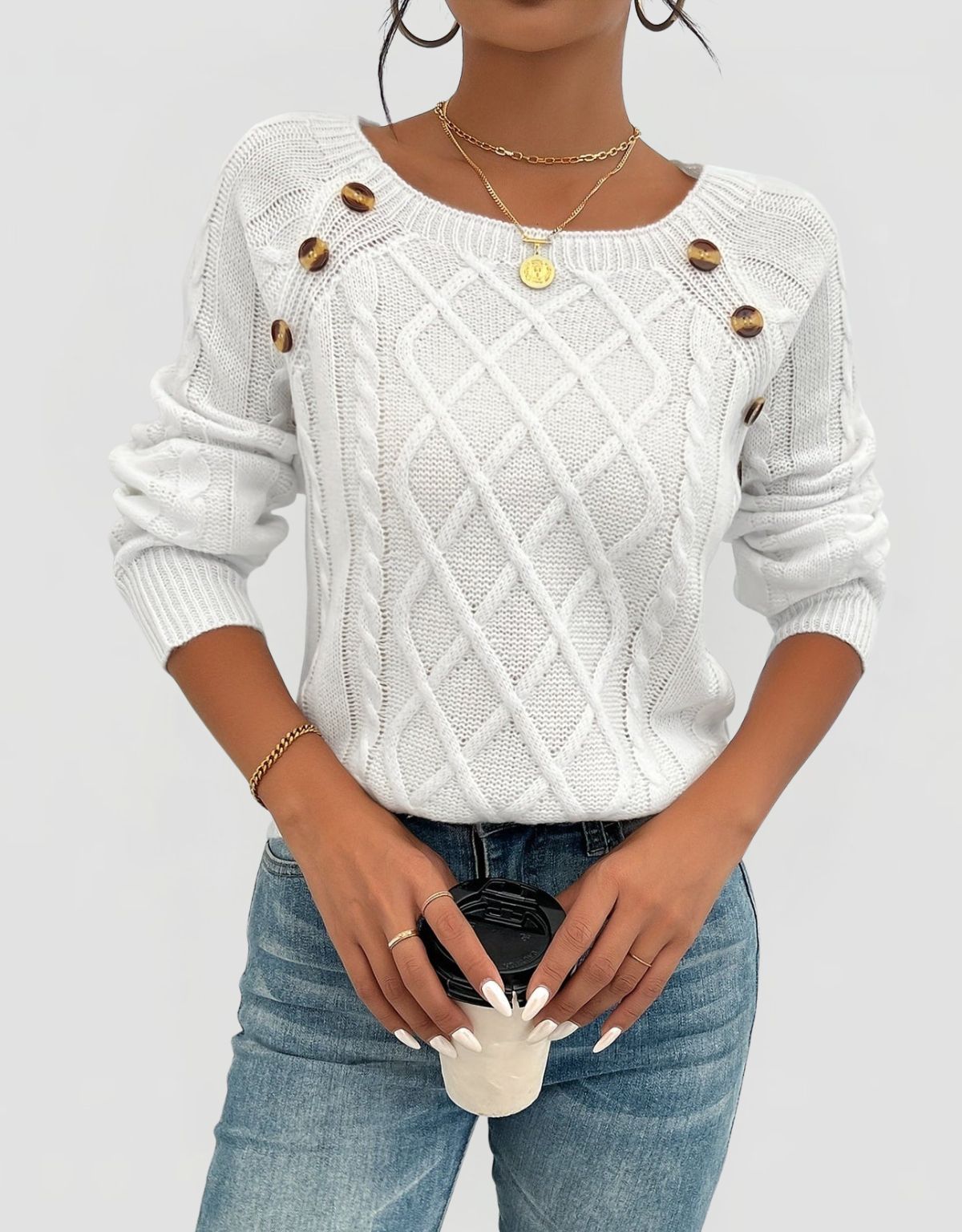 Women's Cable Knit Jumper with Shoulder Button Detail