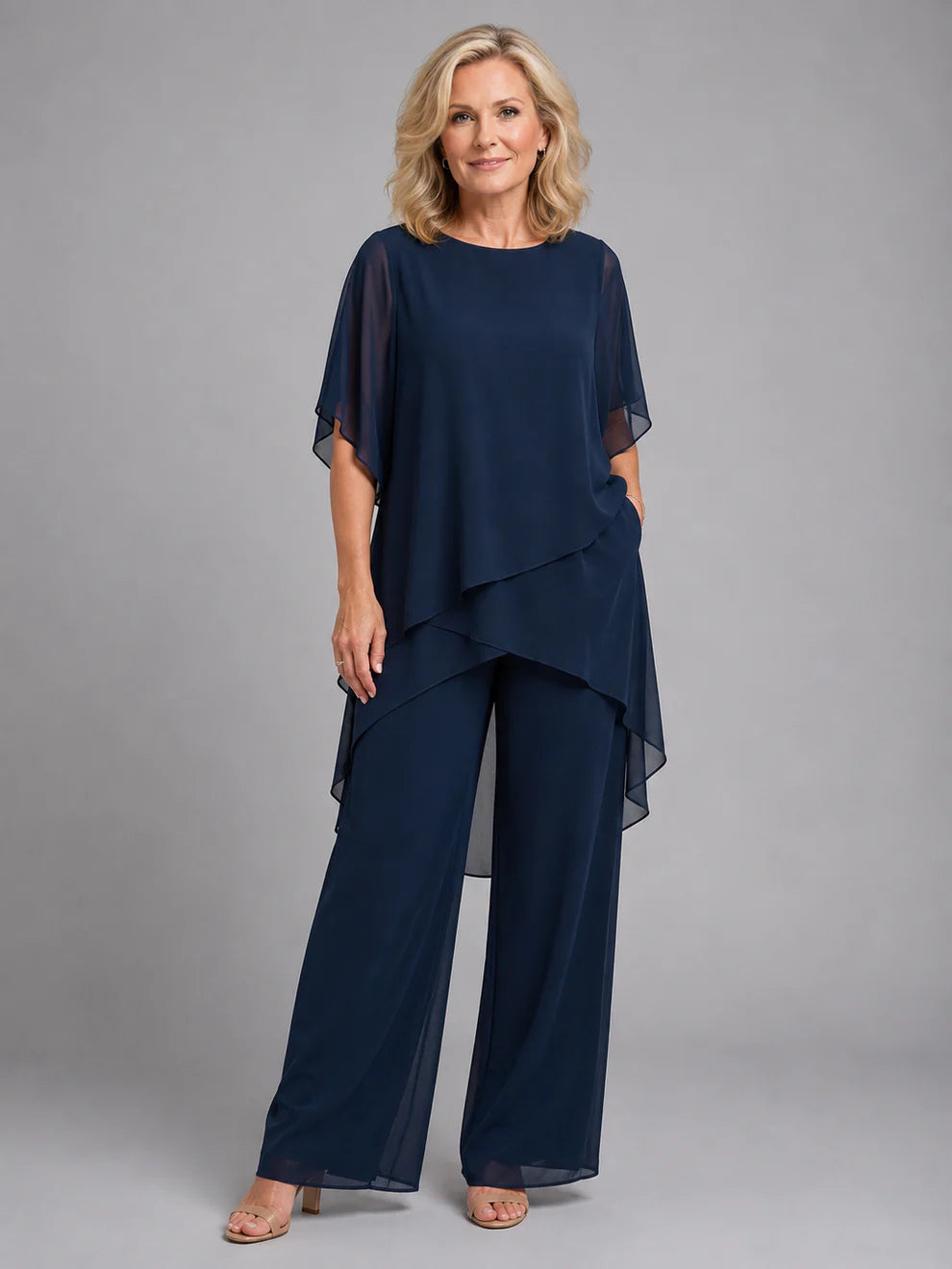 Women's Chiffon Set with Layered Top and Wide Leg Trousers