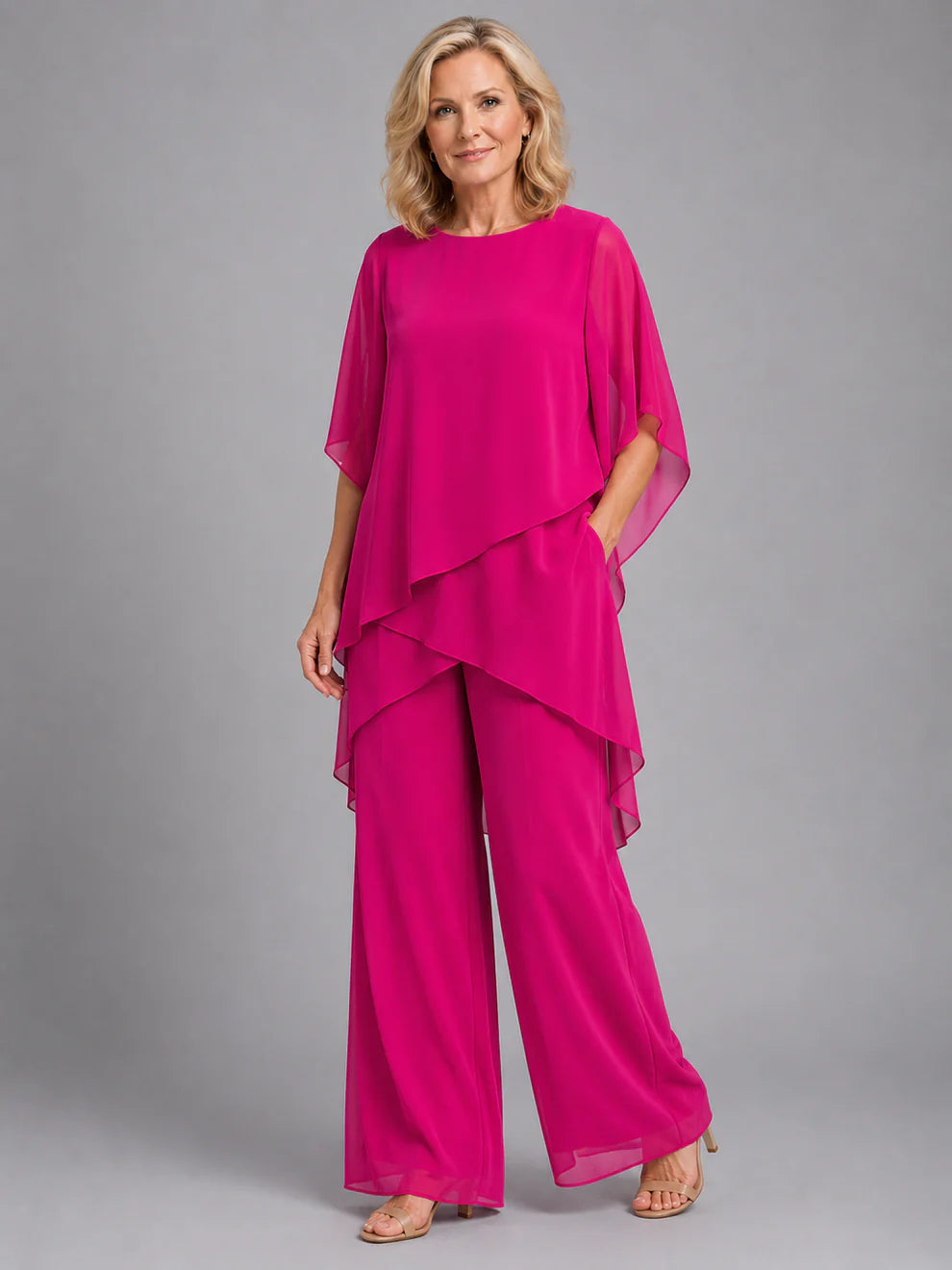 Women's Chiffon Set with Layered Top and Wide Leg Trousers