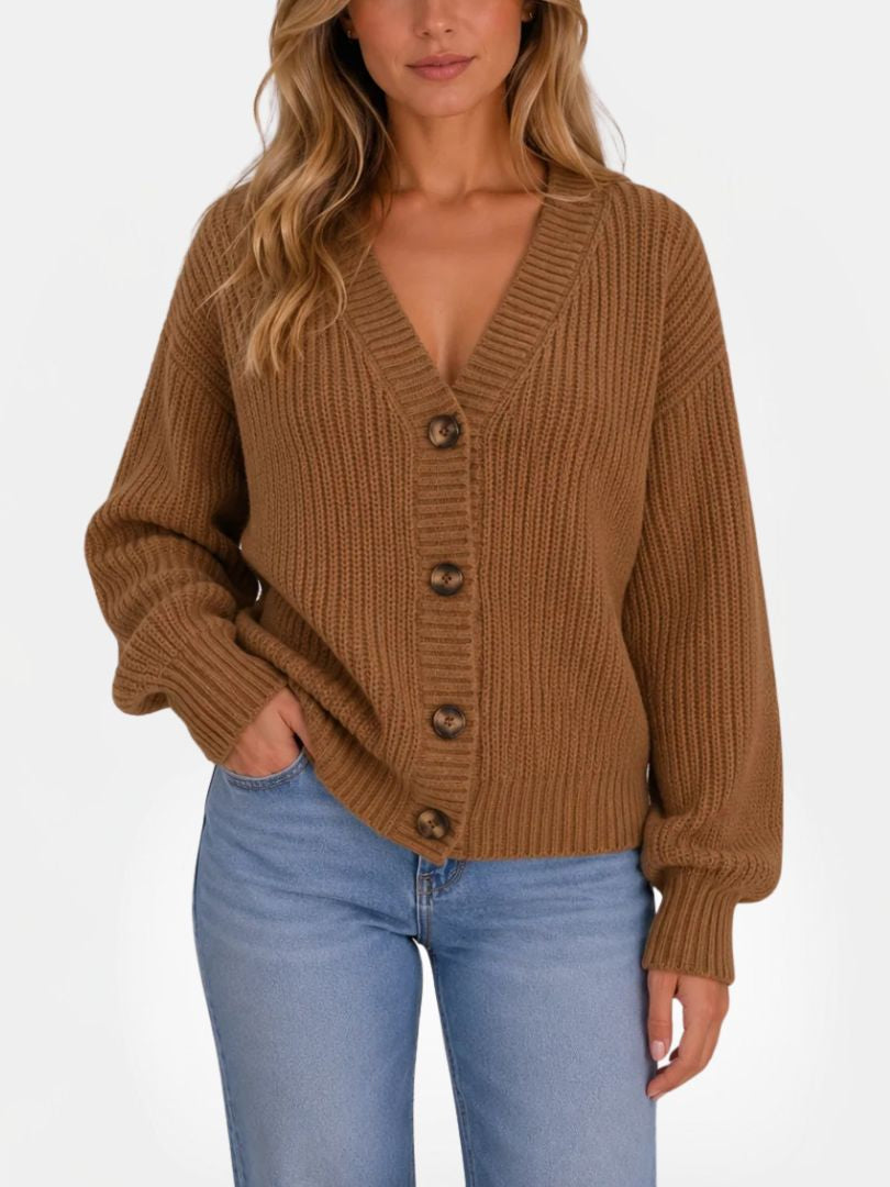 Women's Chunky Ribbed Knit Cardigan with V-Neck and Button Closure