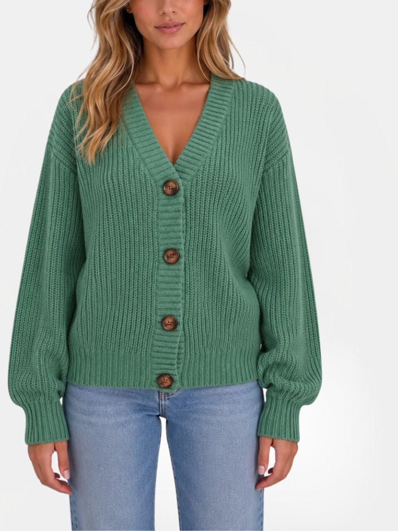 Women's Chunky Ribbed Knit Cardigan with V-Neck and Button Closure