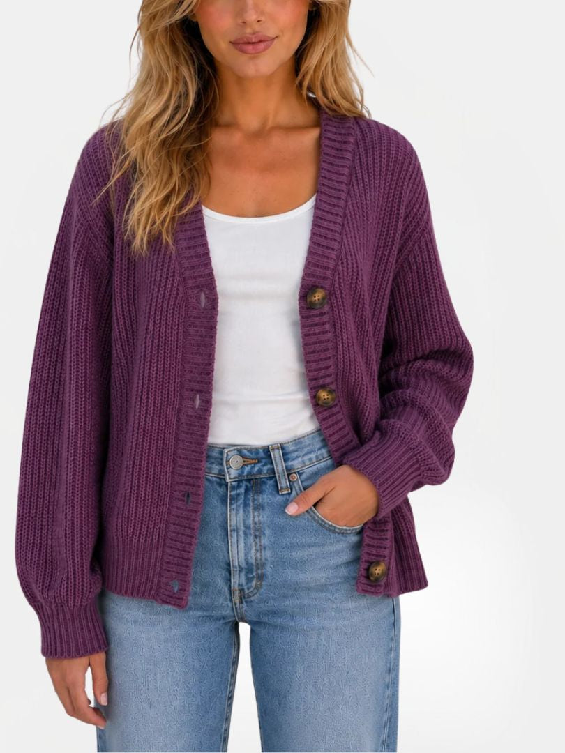 Women's Chunky Ribbed Knit Cardigan with V-Neck and Button Closure