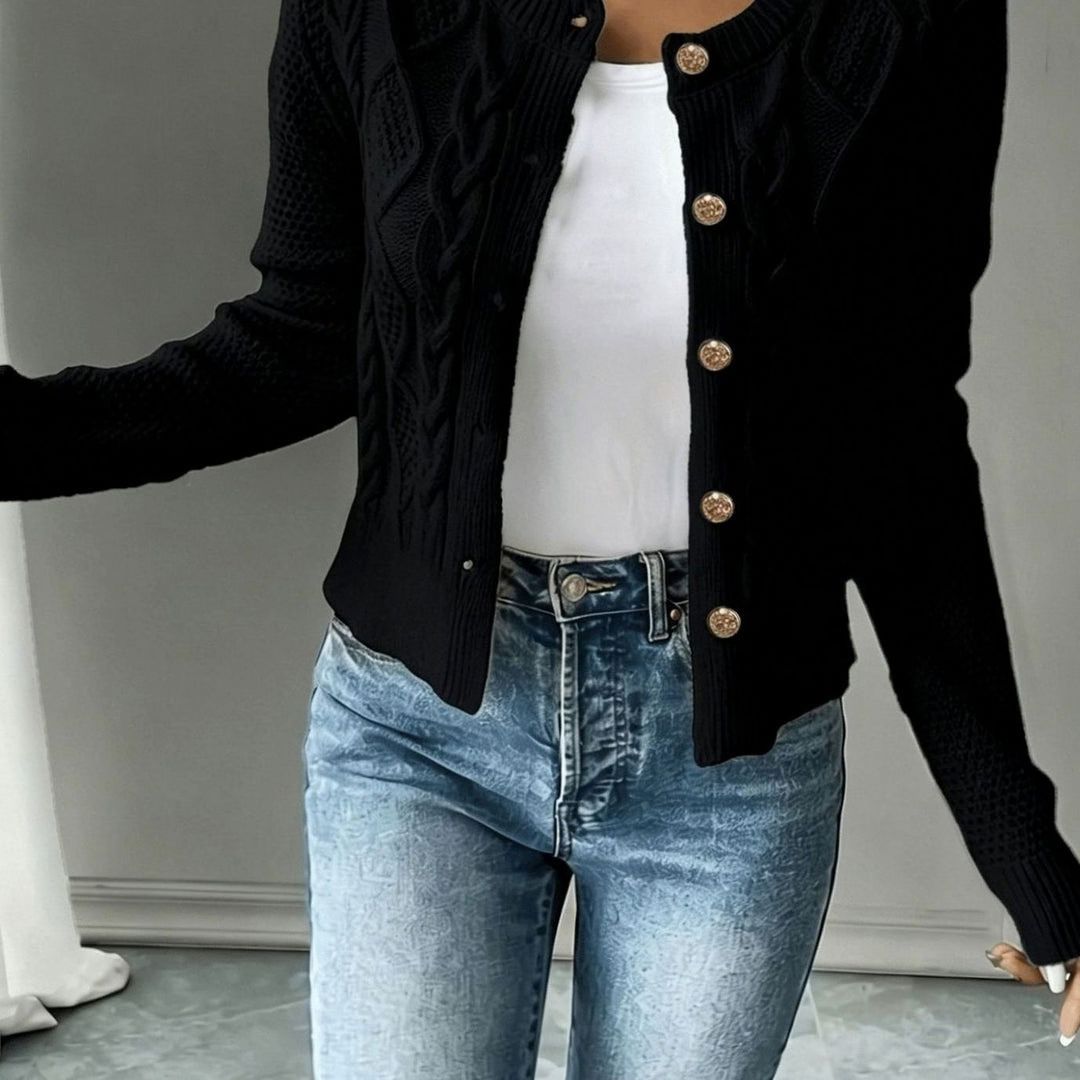 Women's Cropped Cardigan with Cable Knit and Button Closure