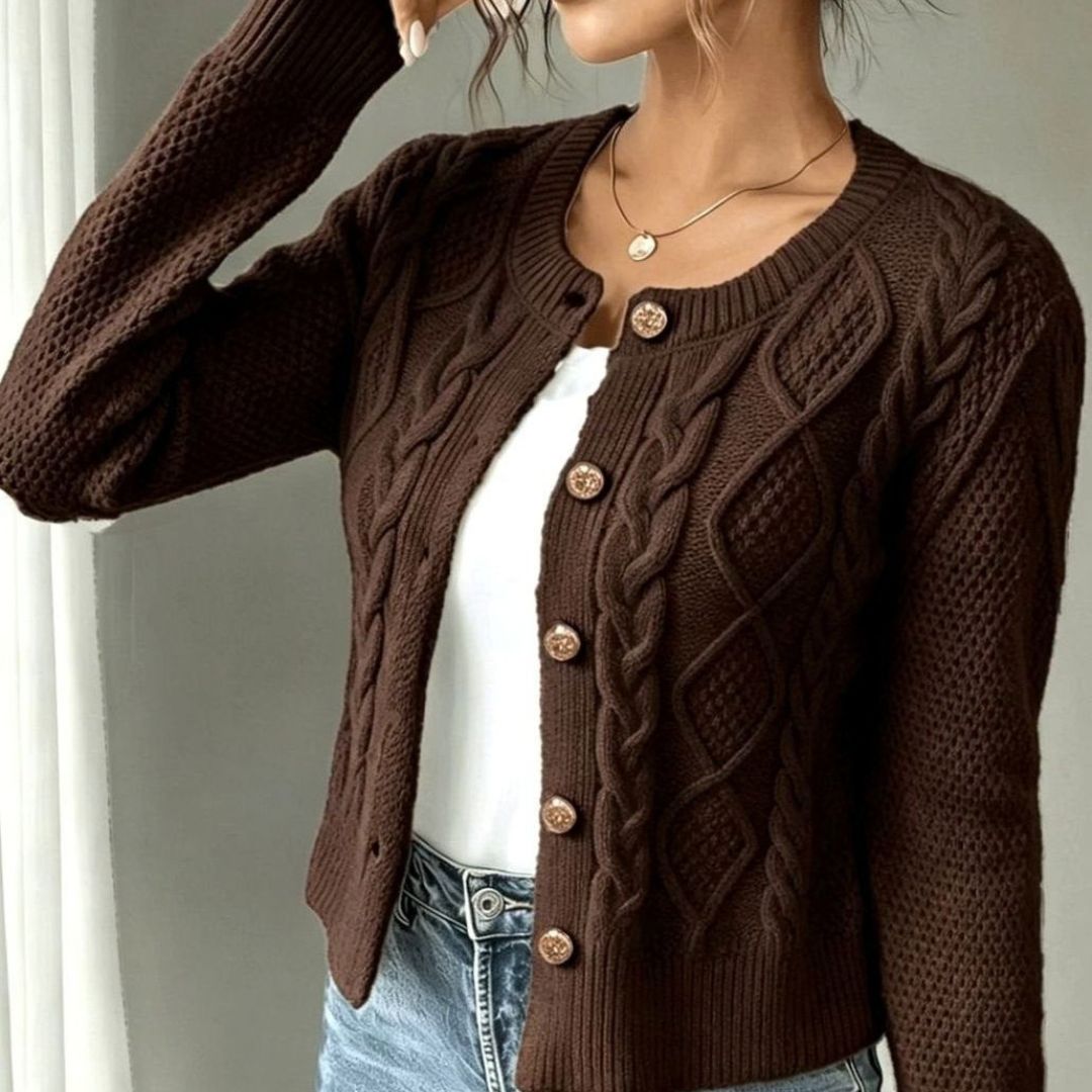 Women's Cropped Cardigan with Cable Knit and Button Closure