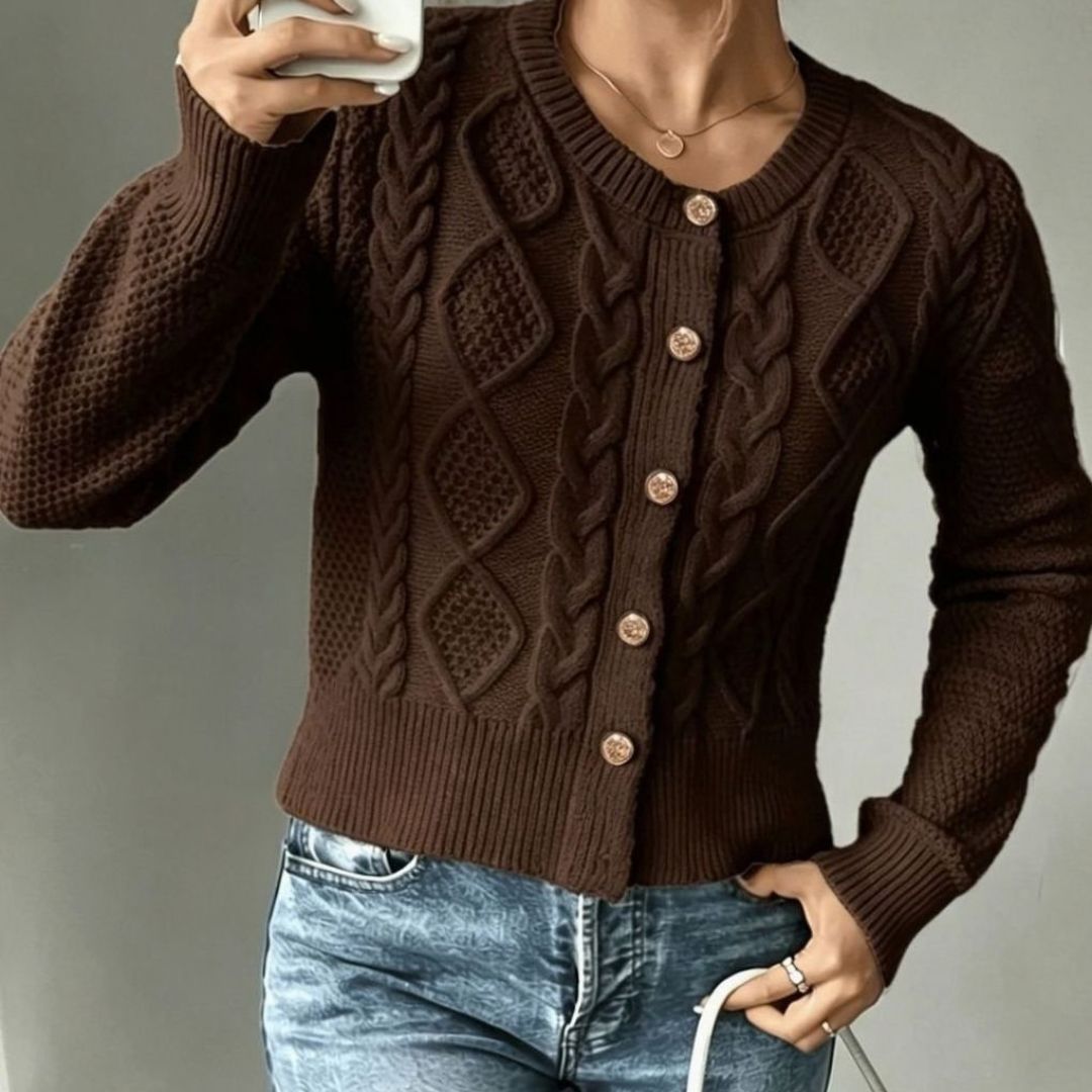 Women's Cropped Cardigan with Cable Knit and Button Closure