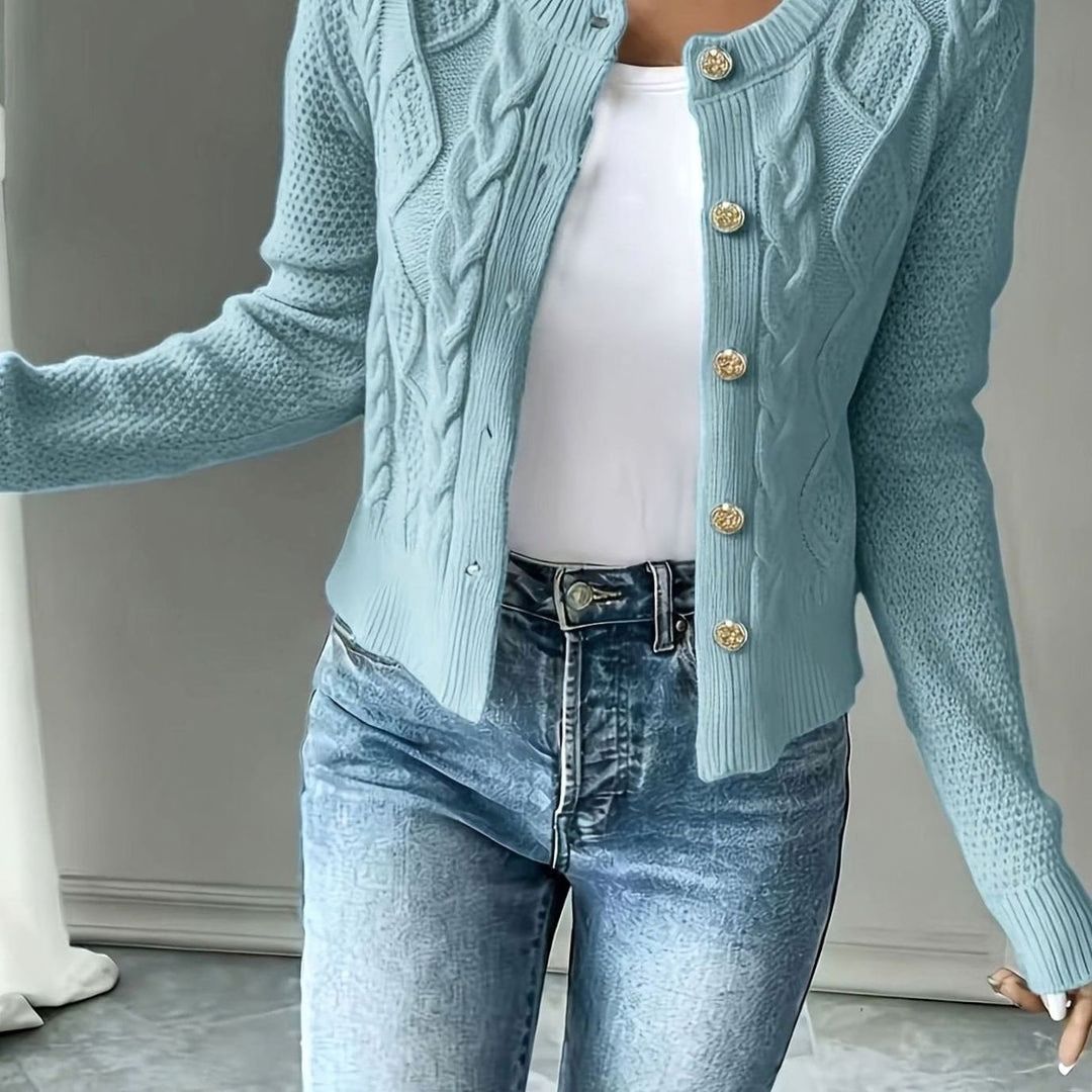 Women's Cropped Cardigan with Cable Knit and Button Closure