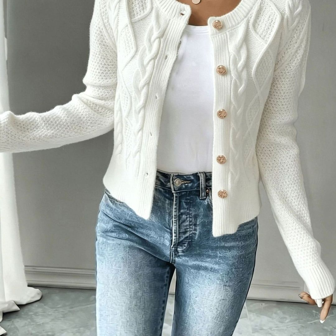 Women's Cropped Cardigan with Cable Knit and Button Closure