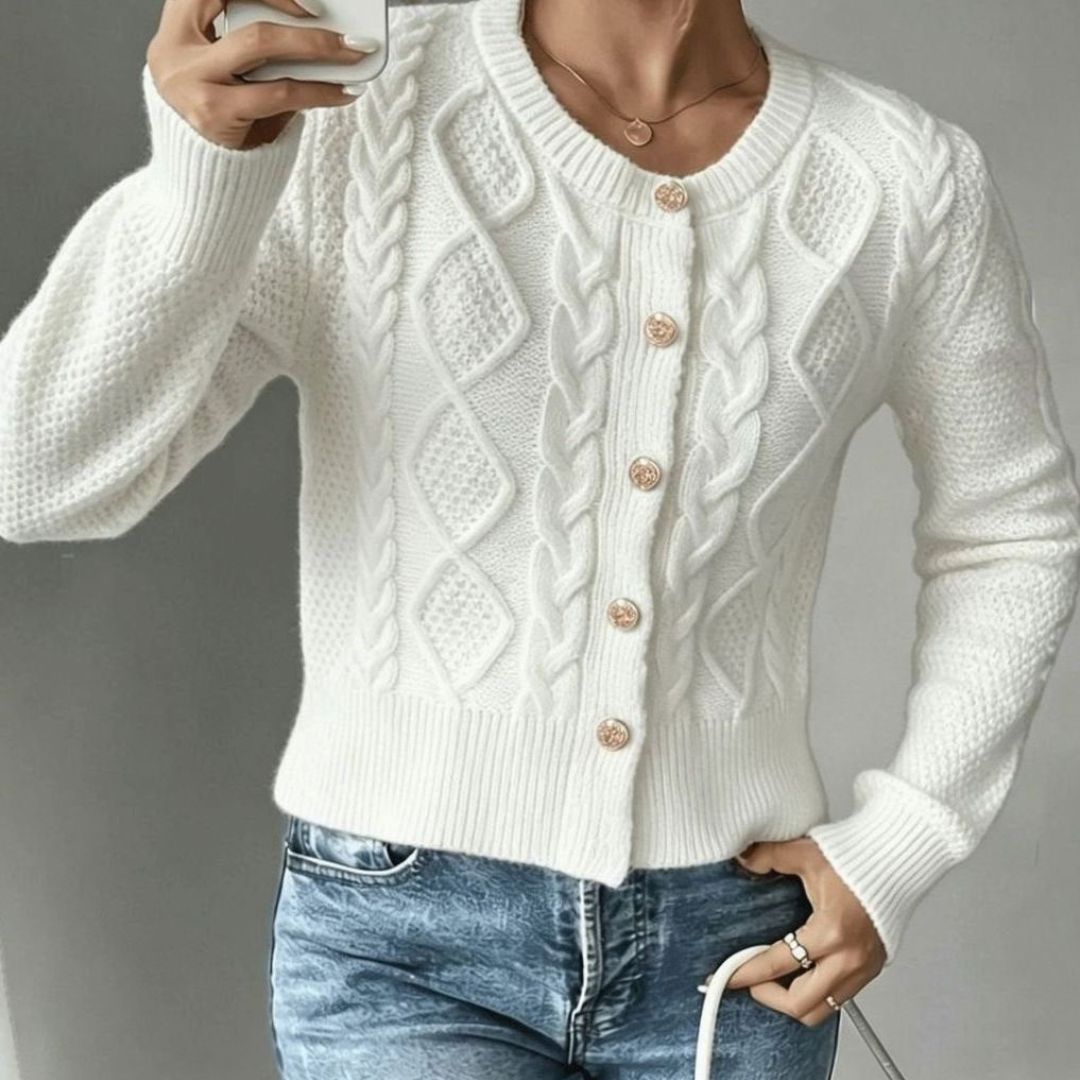 Women's Cropped Cardigan with Cable Knit and Button Closure