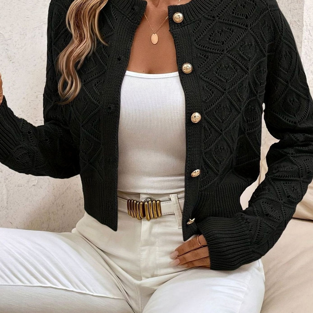 Women's Cropped Diamond Openwork Knit Cardigan with Button Closure