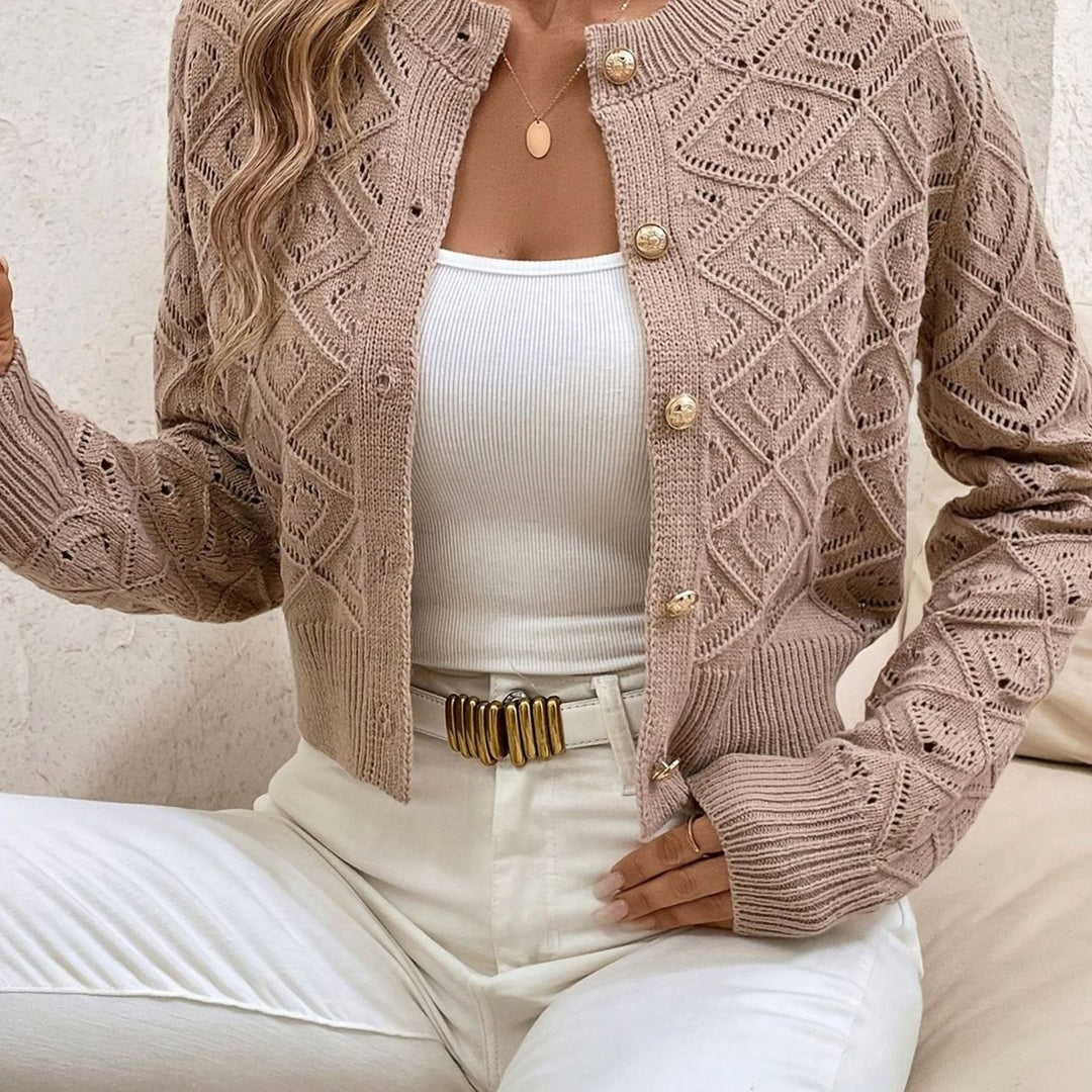 Women's Cropped Diamond Openwork Knit Cardigan with Button Closure