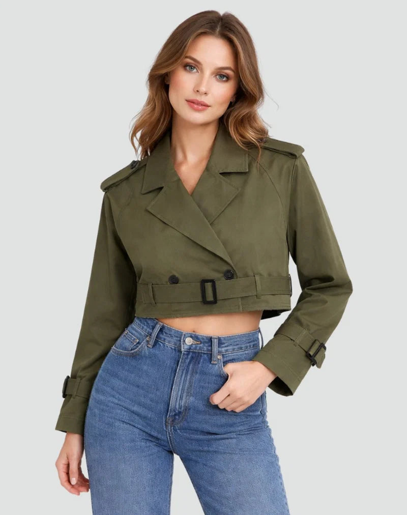 Women's Cropped Trench Jacket with Belt and Lapel Collar