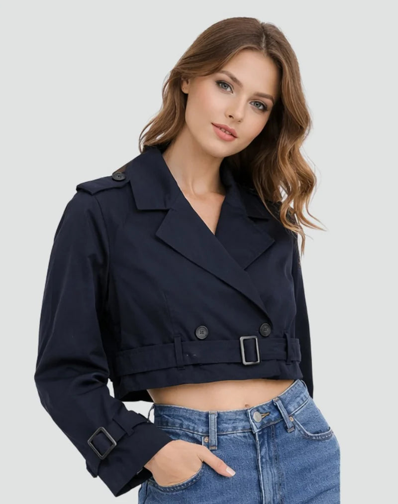 Women's Cropped Trench Jacket with Belt and Lapel Collar