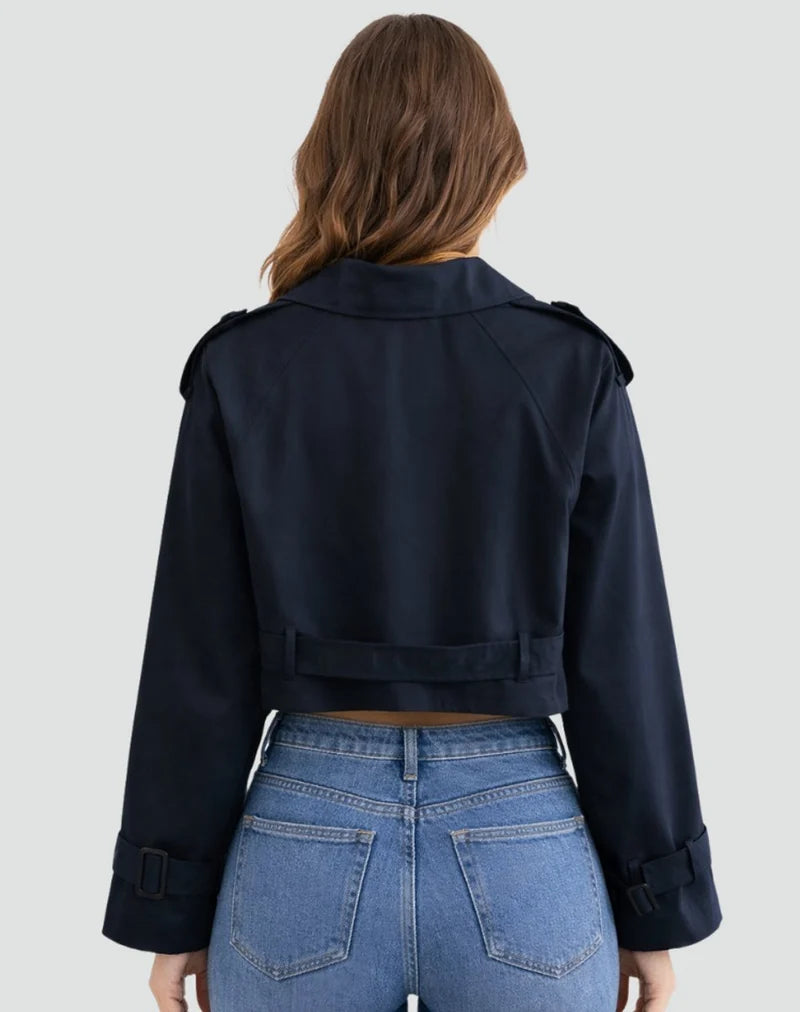 Women's Cropped Trench Jacket with Belt and Lapel Collar
