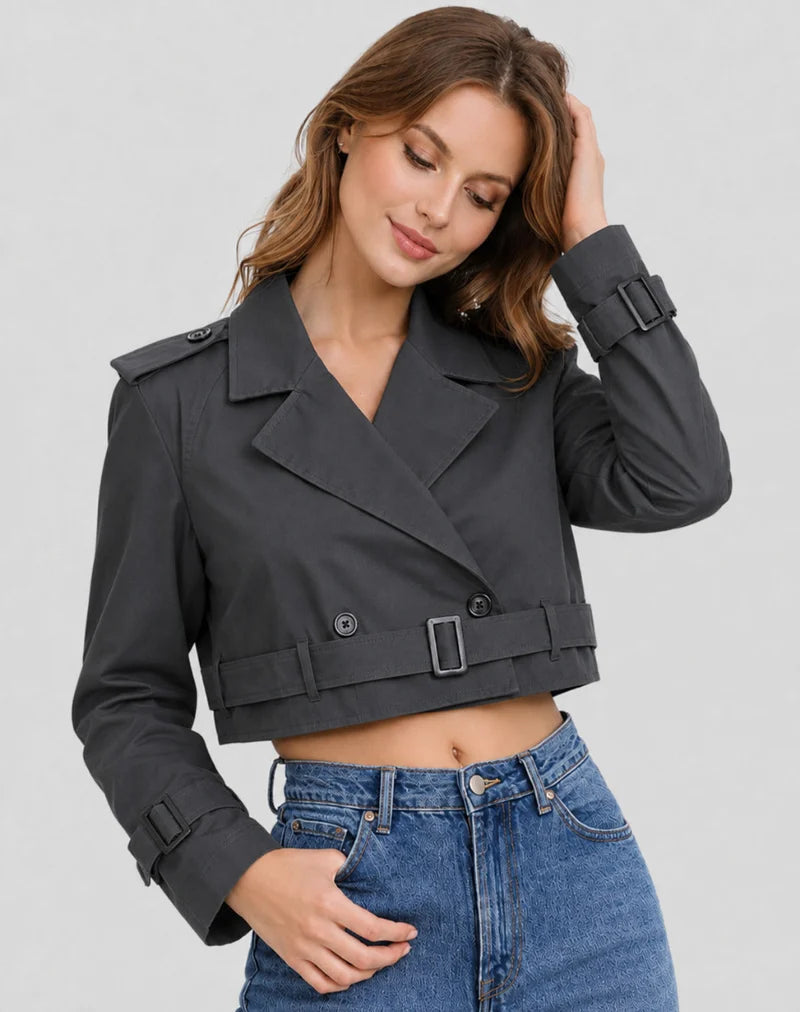 Women's Cropped Trench Jacket with Belt and Lapel Collar