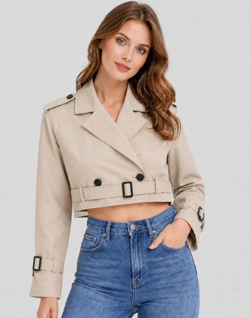 Women's Cropped Trench Jacket with Belt and Lapel Collar