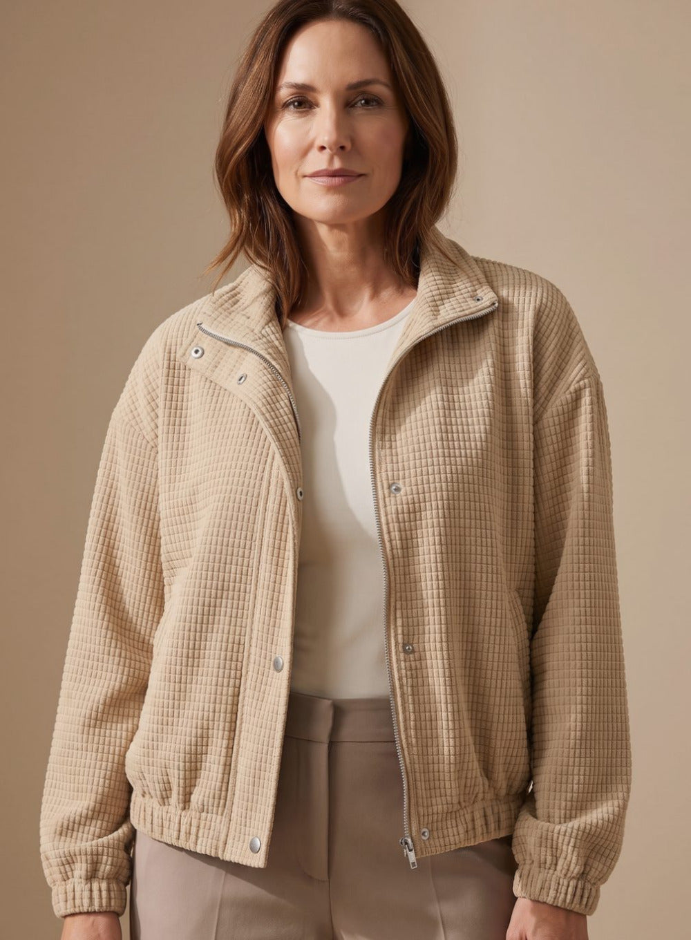 Women's Cropped Waffle Knit Jacket with Stand Collar and Button Closure