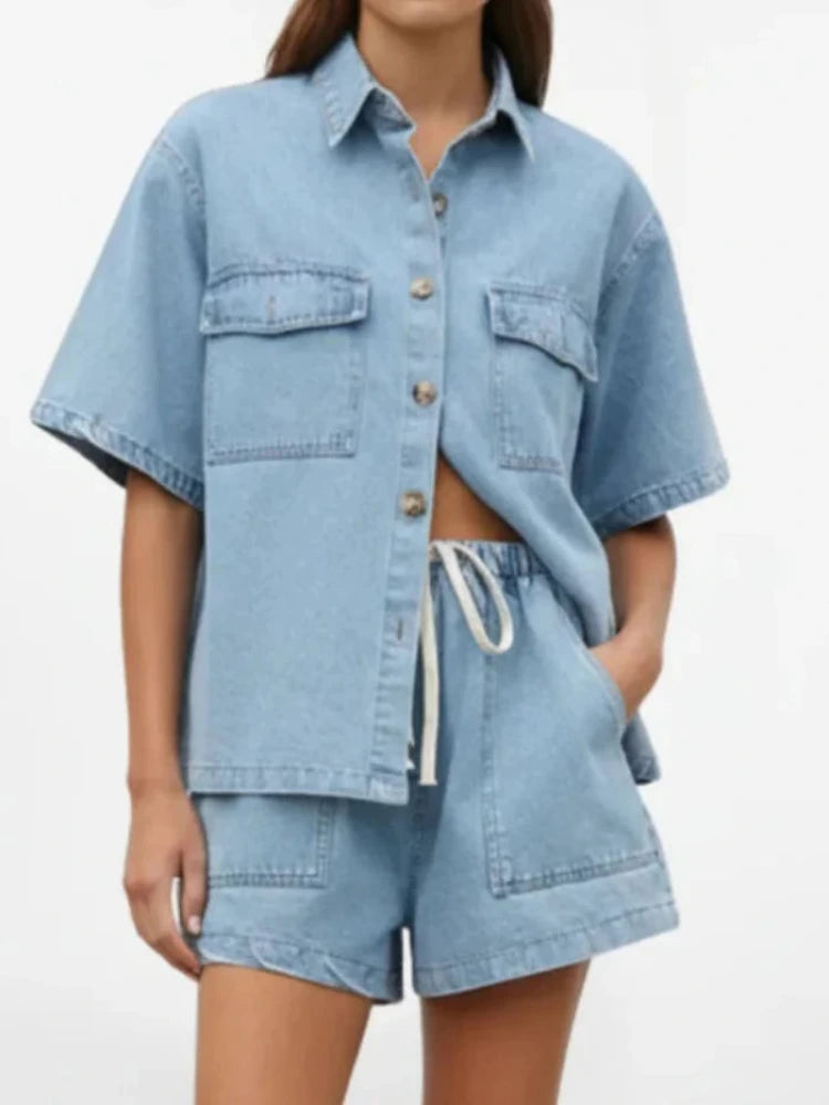 Women's Denim Set with Short Sleeve Shirt and Shorts