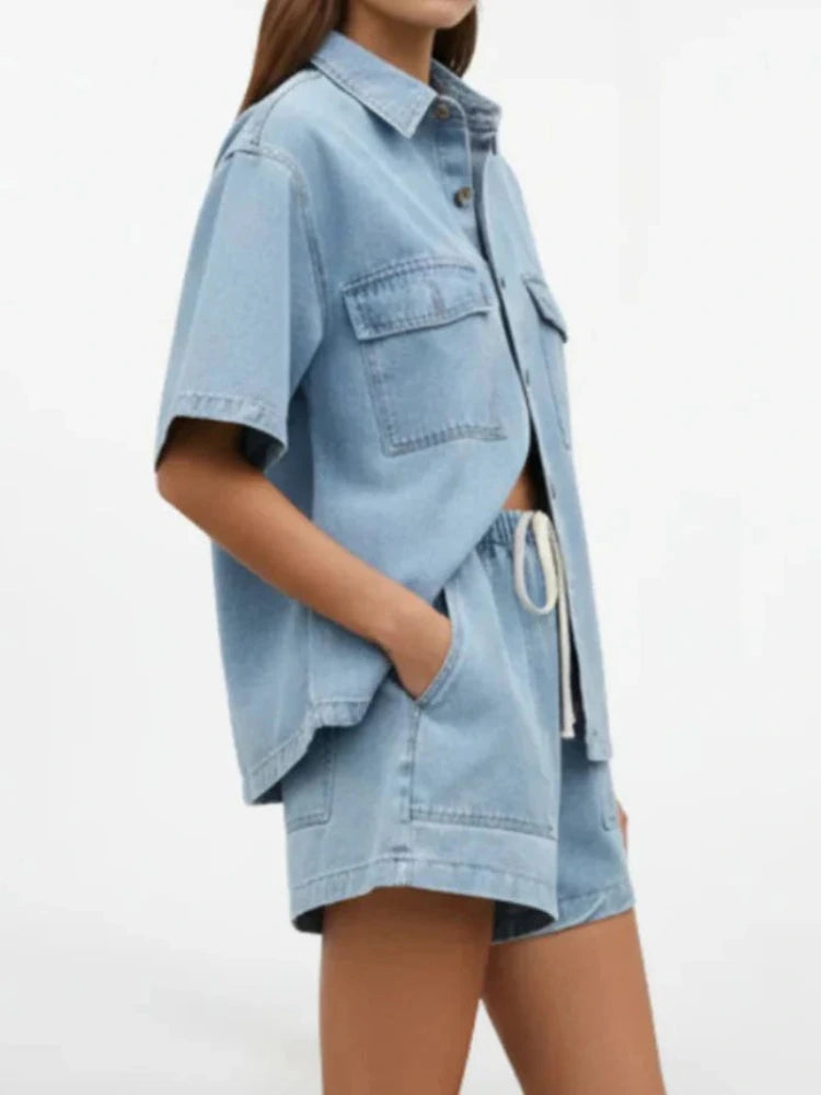 Women's Denim Set with Short Sleeve Shirt and Shorts
