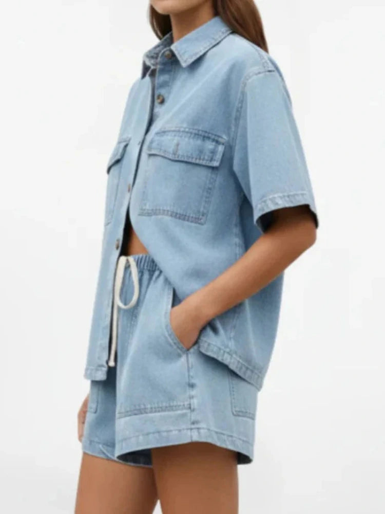 Women's Denim Set with Short Sleeve Shirt and Shorts