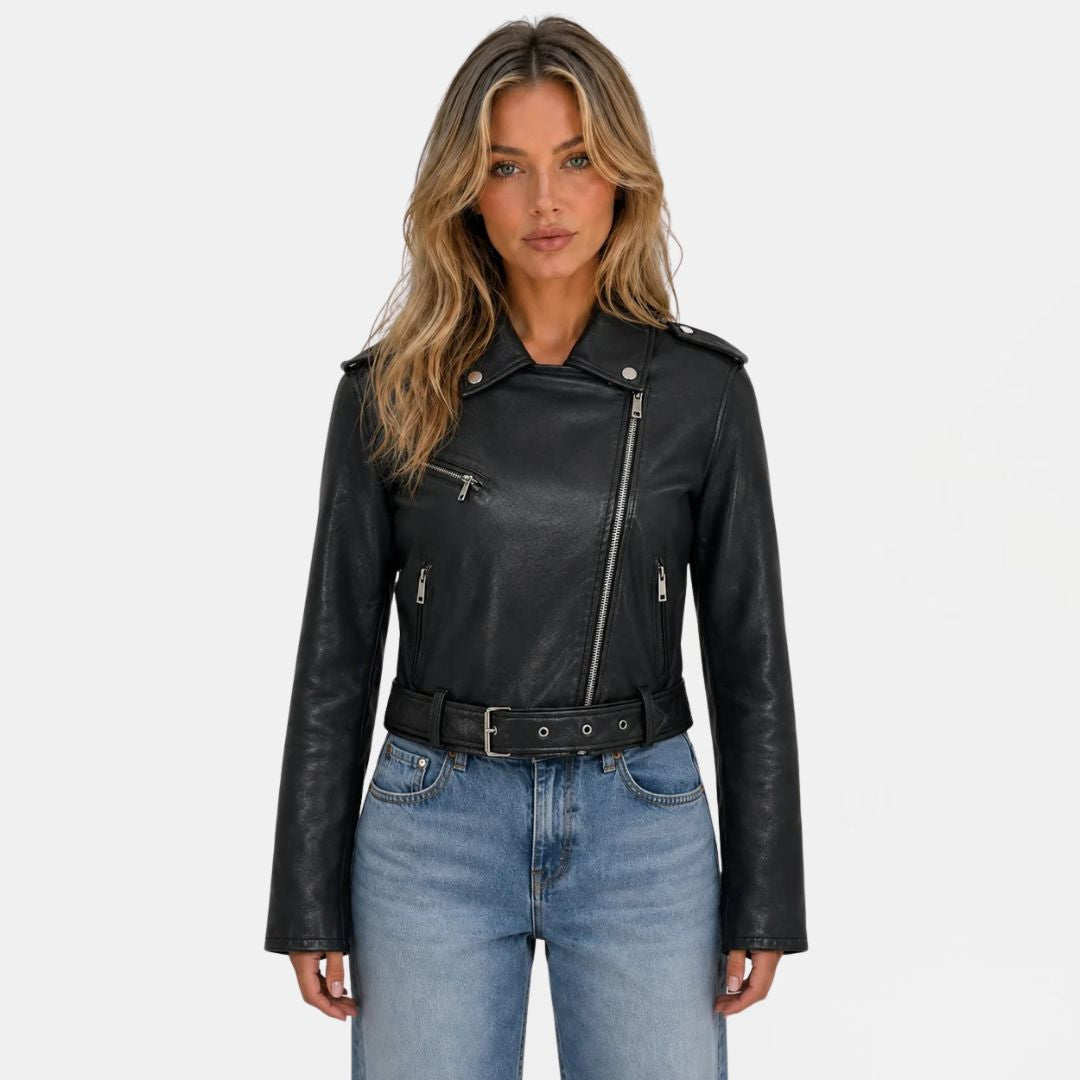 Women's Faux Leather Biker Jacket with Belt and Asymmetric Zip