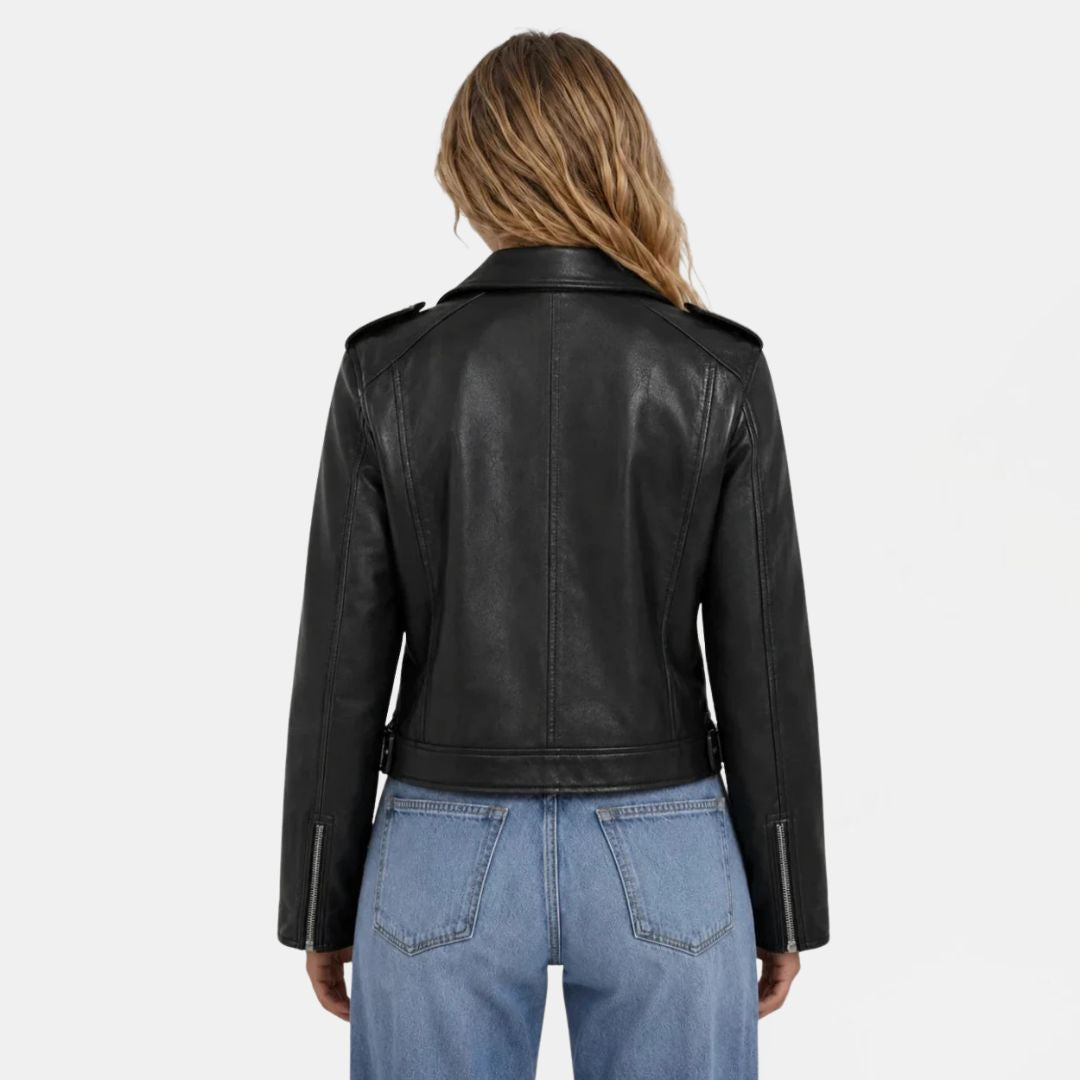 Women's Faux Leather Biker Jacket with Belt and Asymmetric Zip