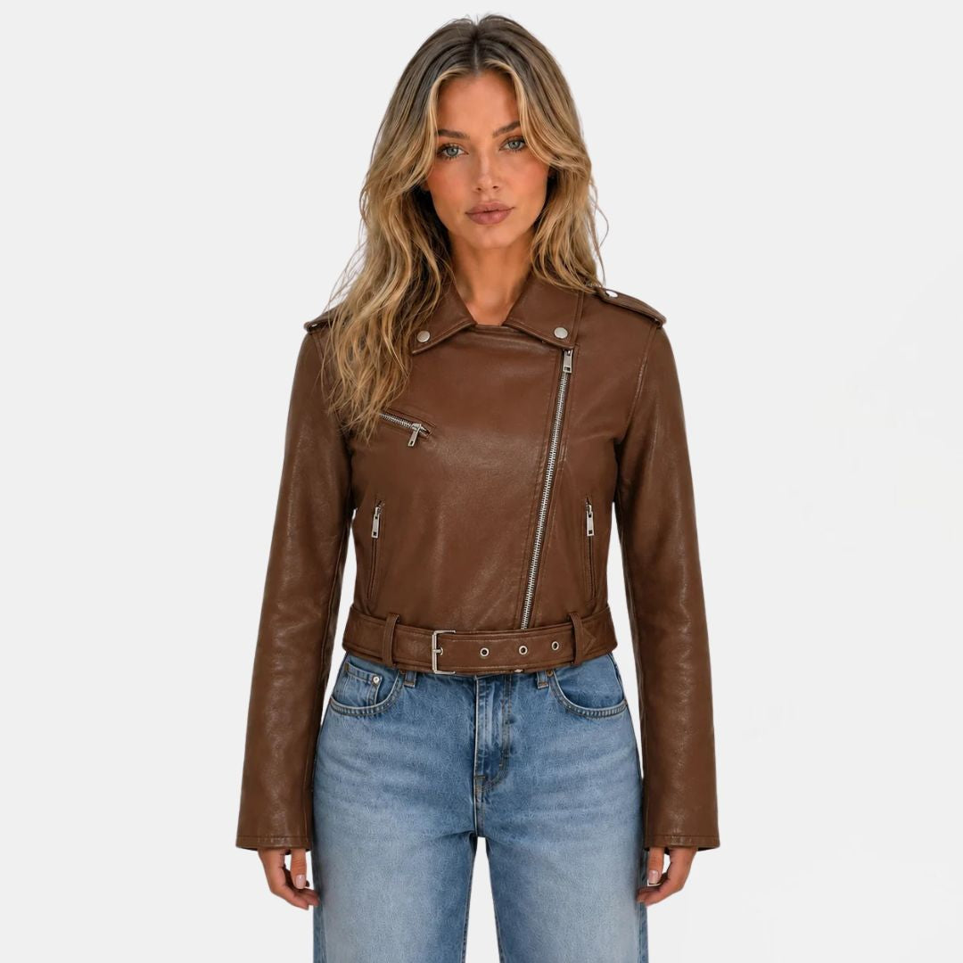 Women's Faux Leather Biker Jacket with Belt and Asymmetric Zip