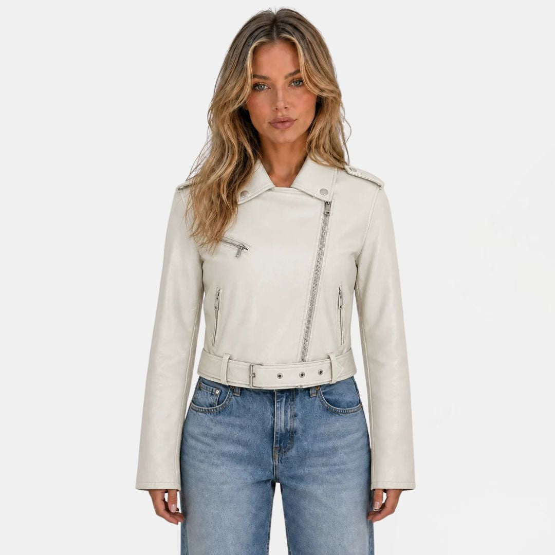 Women's Faux Leather Biker Jacket with Belt and Asymmetric Zip