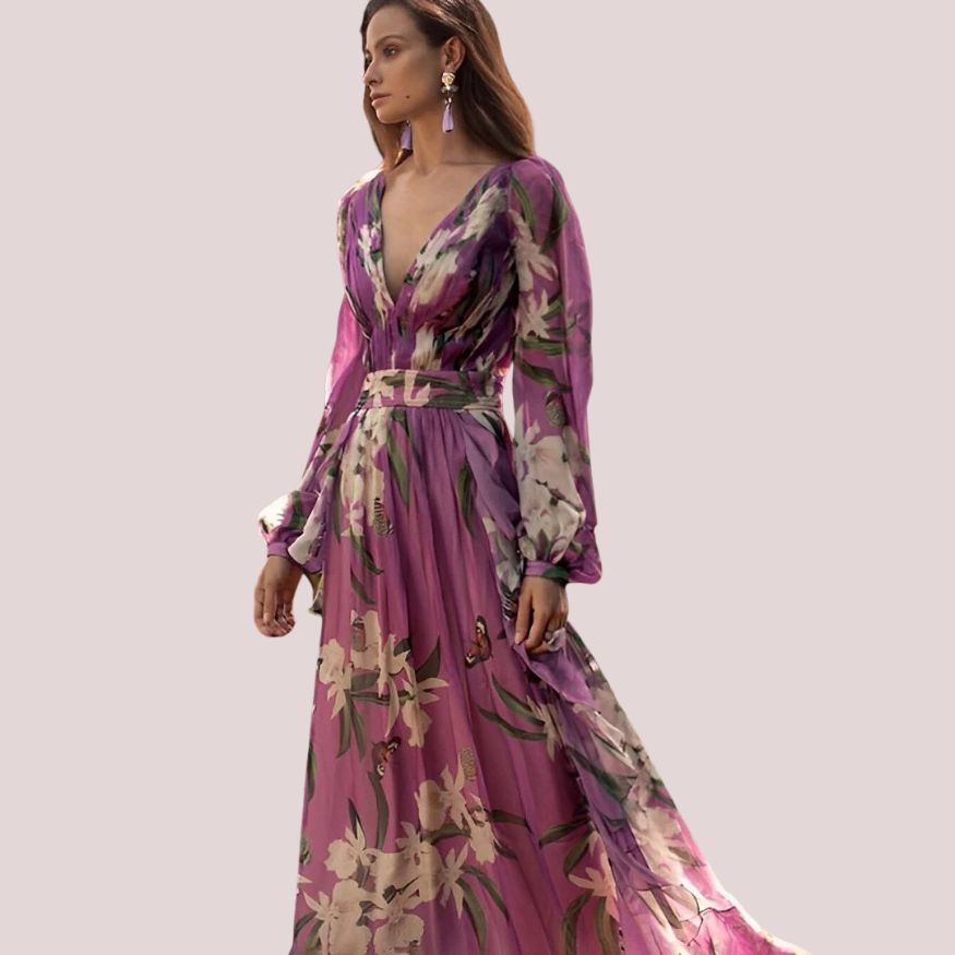Women’s Floral Chiffon Maxi Dress with Long Sleeves