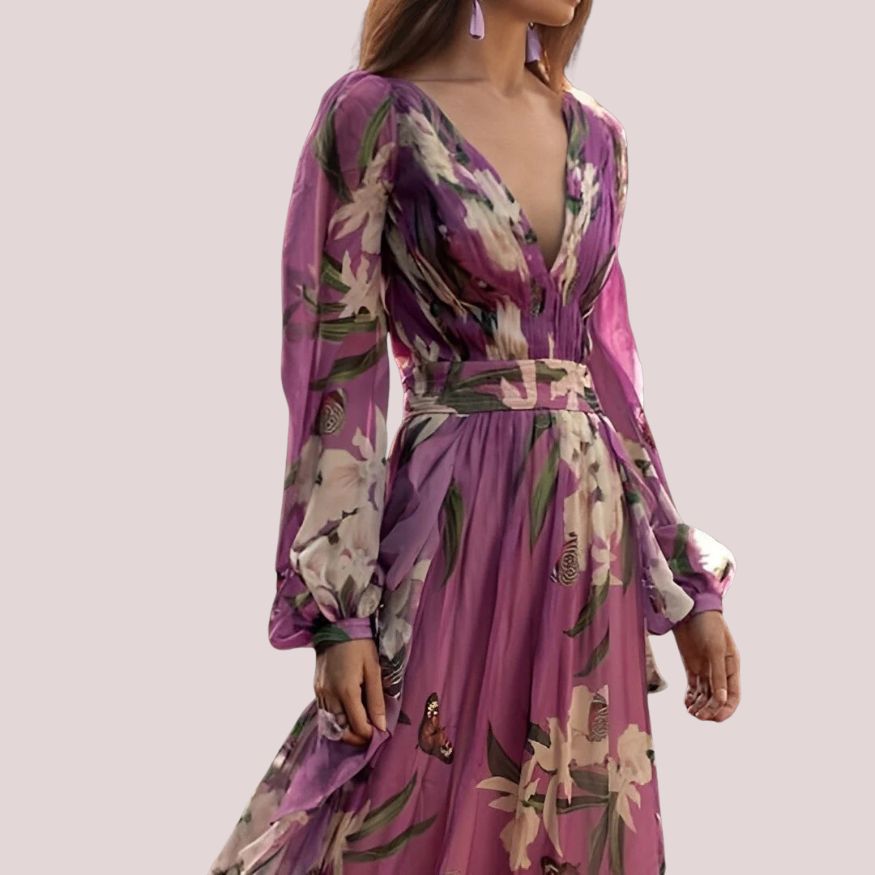 Women’s Floral Chiffon Maxi Dress with Long Sleeves