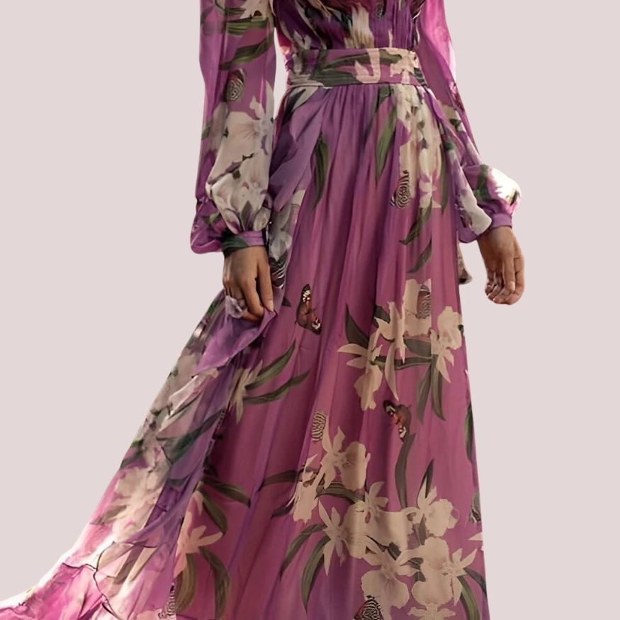 Women’s Floral Chiffon Maxi Dress with Long Sleeves