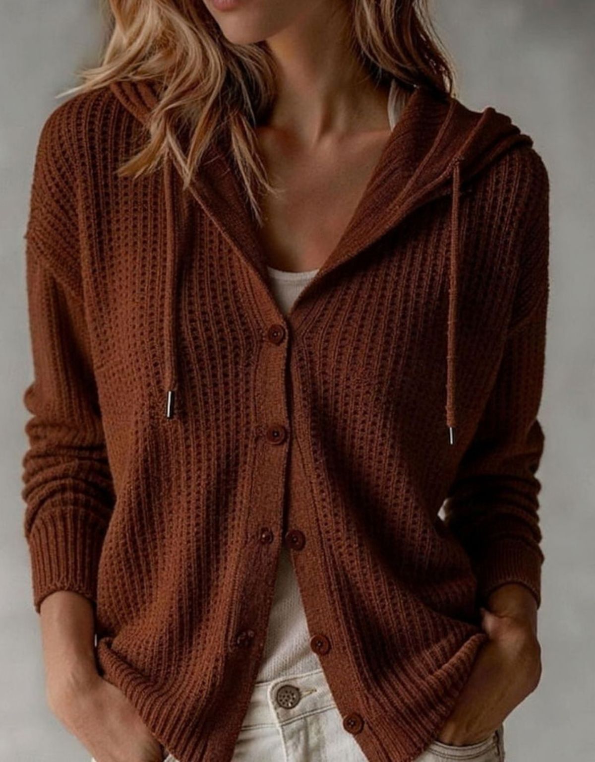 Women's Hooded Knit Cardigan with Button Closure and Drawstring