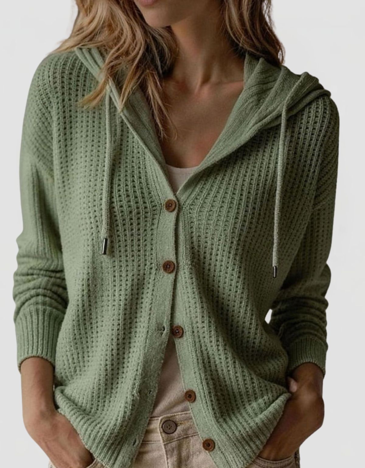 Women's Hooded Knit Cardigan with Button Closure and Drawstring