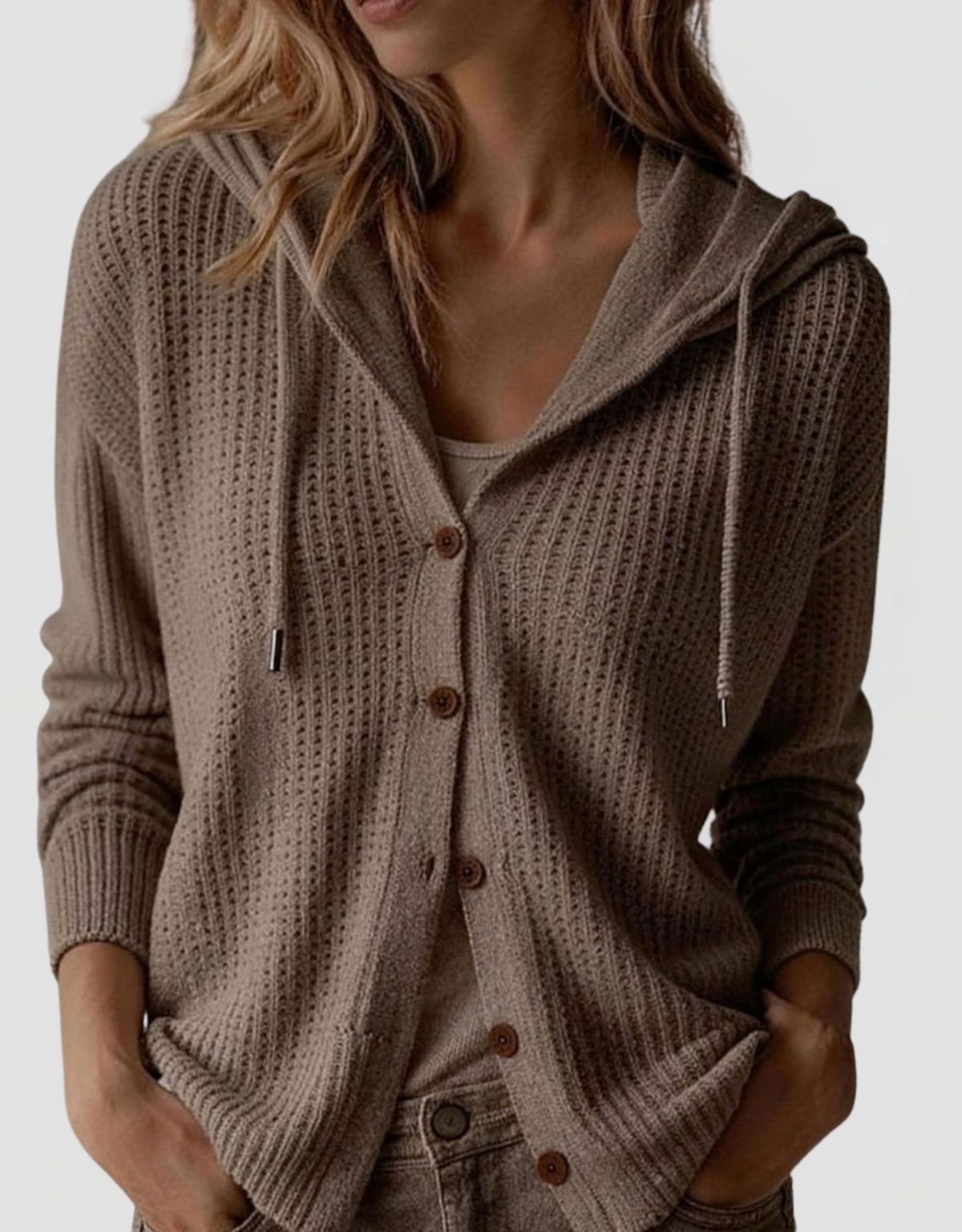 Women's Hooded Knit Cardigan with Button Closure and Drawstring