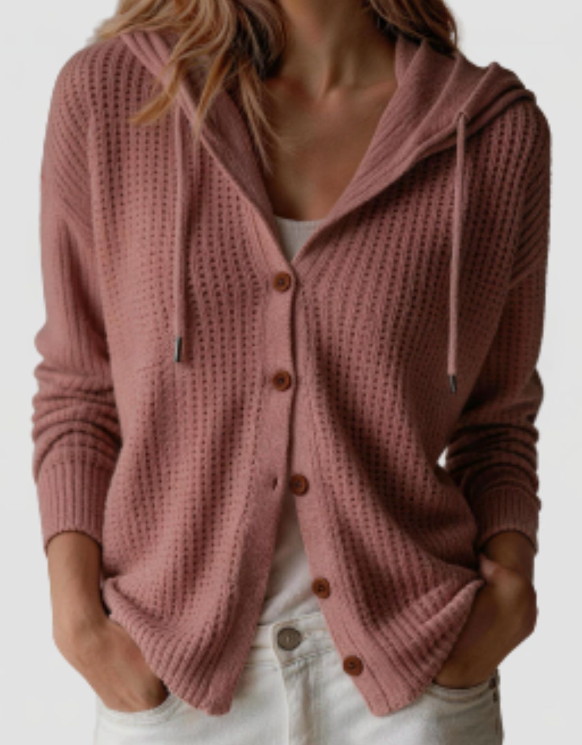 Women's Hooded Knit Cardigan with Button Closure and Drawstring