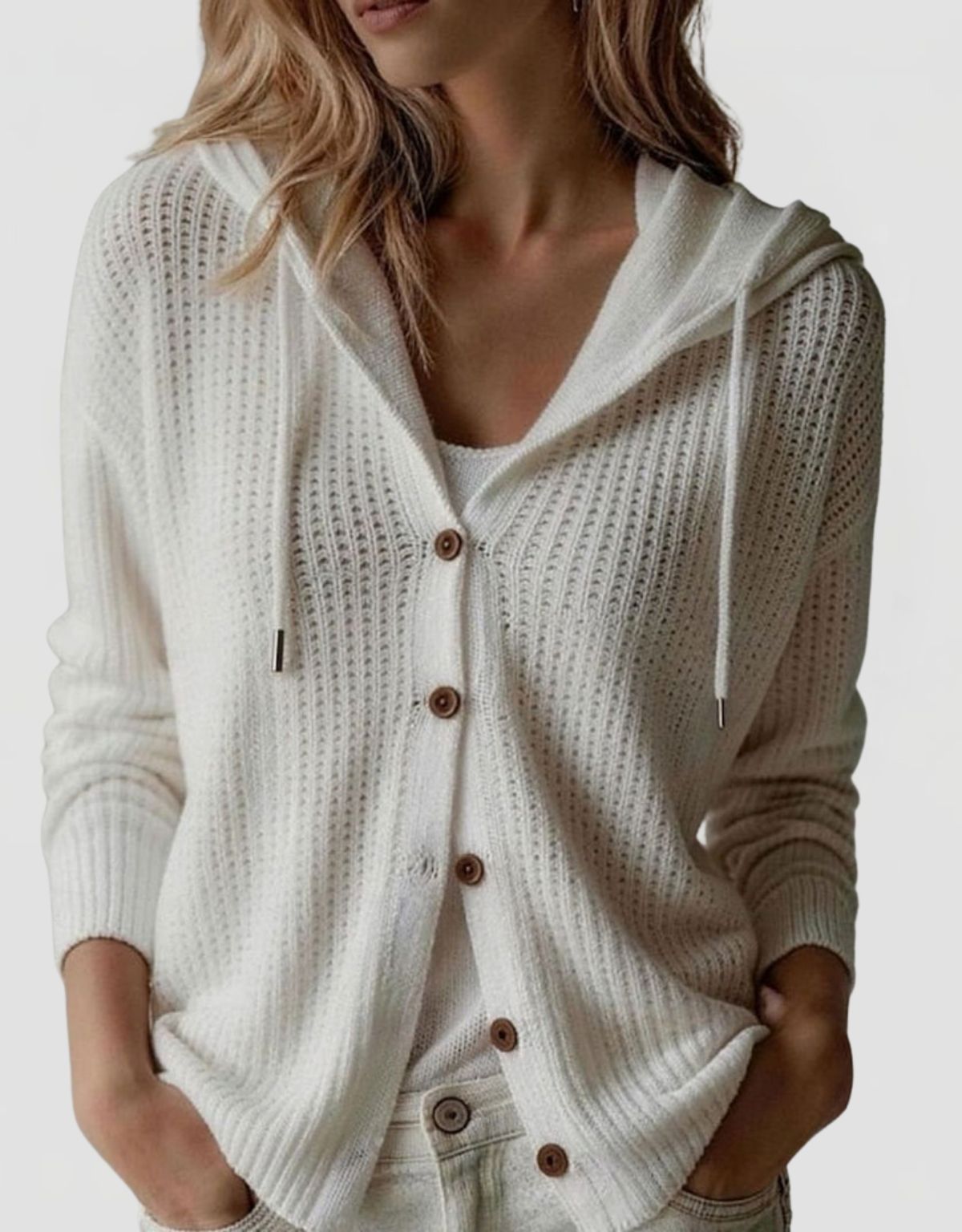 Women's Hooded Knit Cardigan with Button Closure and Drawstring
