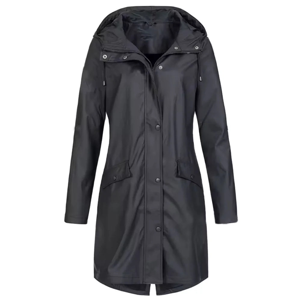 Women's Hooded Long Rain Jacket with Zip Closure