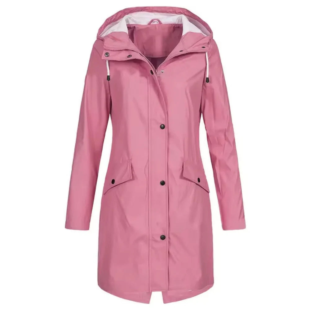 Women's Hooded Long Rain Jacket with Zip Closure