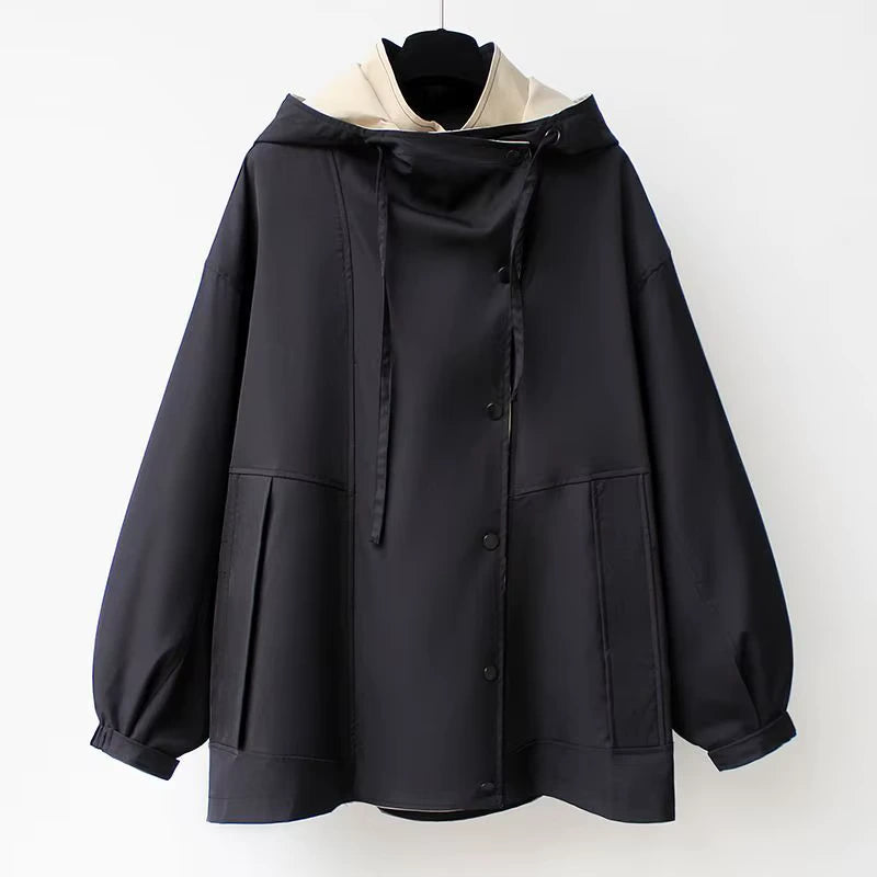 Women's Hooded Rain Jacket with Adjustable Waist and Snap Closure