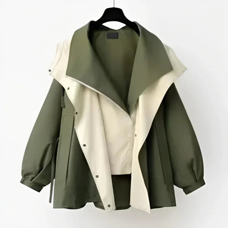 Women's Hooded Rain Jacket with Adjustable Waist and Snap Closure